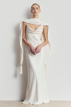 High Gloss Satin Cowl Neck Gown - Cream