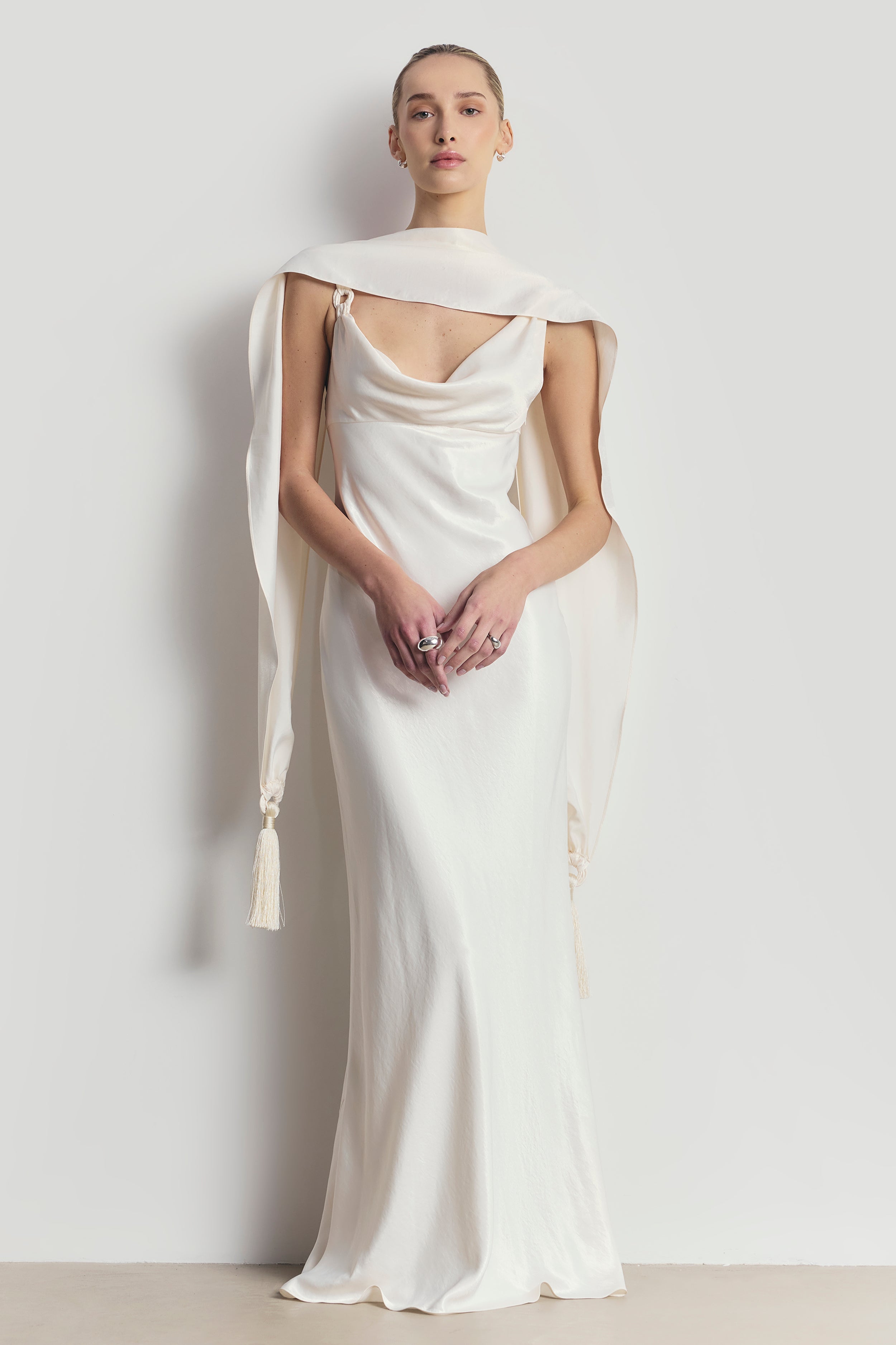 High Gloss Satin Cowl Neck Gown - Cream
