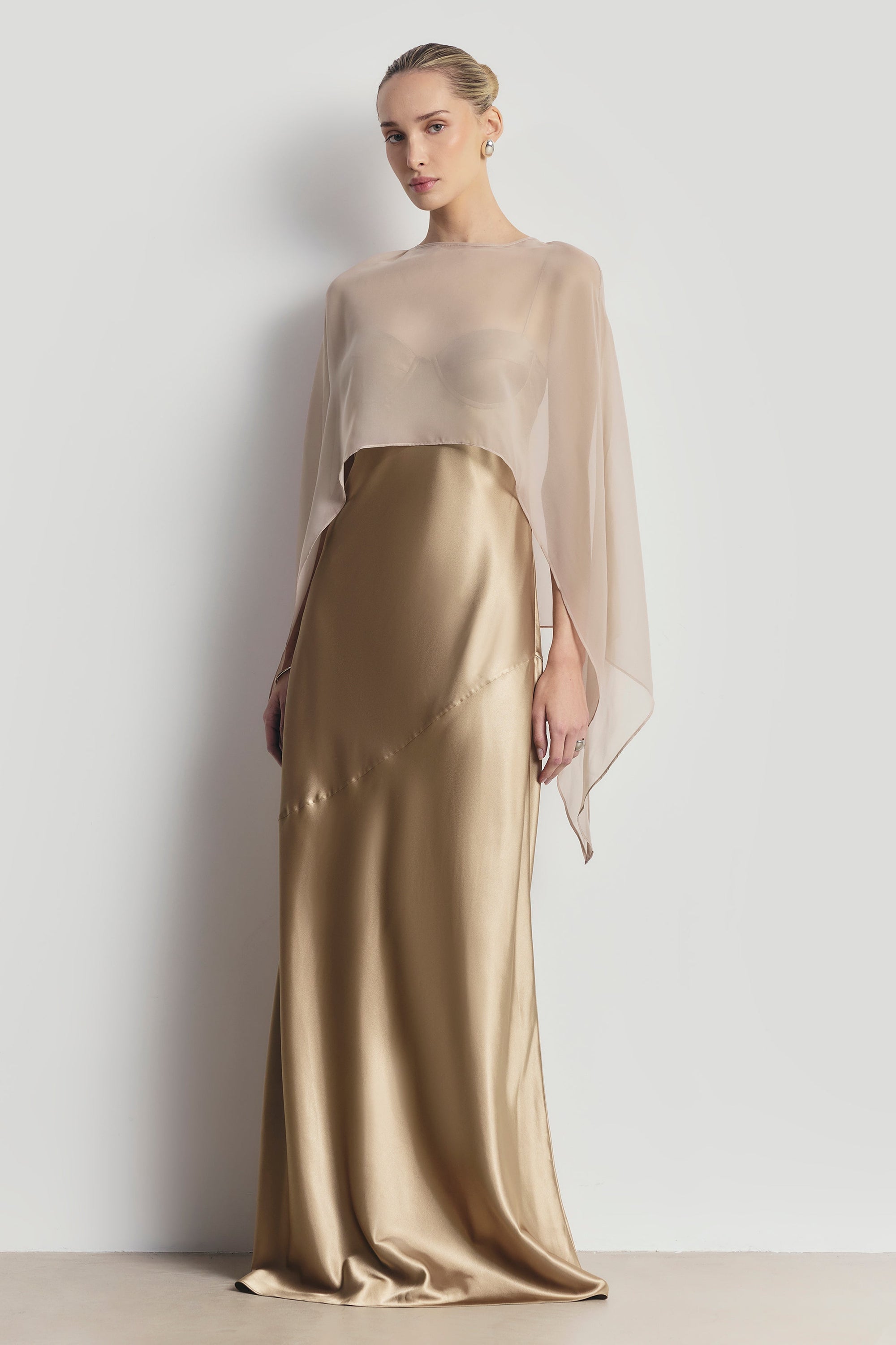 Sheer Chiffon Curved Hem Cape - Champagne