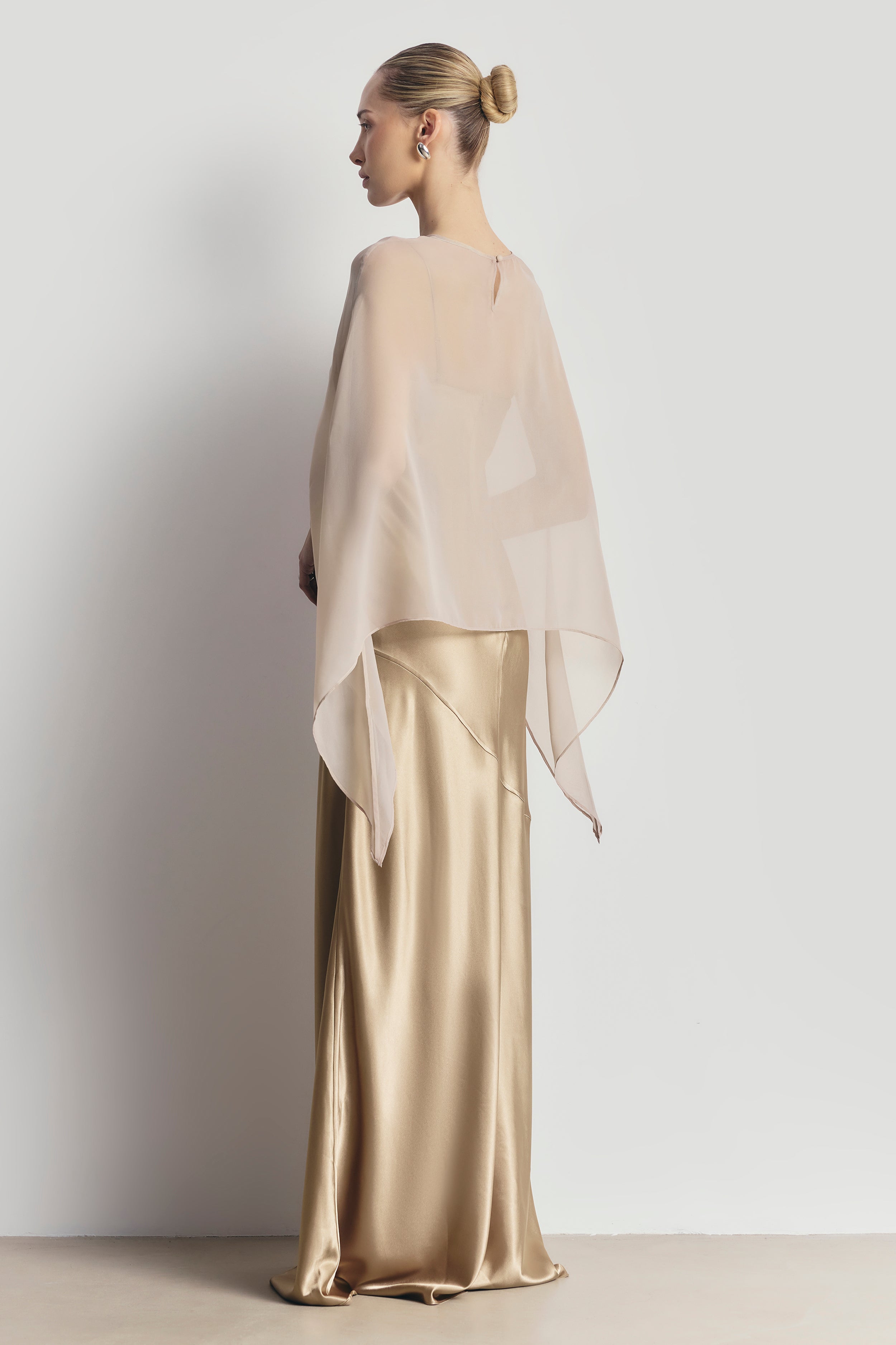 Sheer Chiffon Curved Hem Cape - Champagne