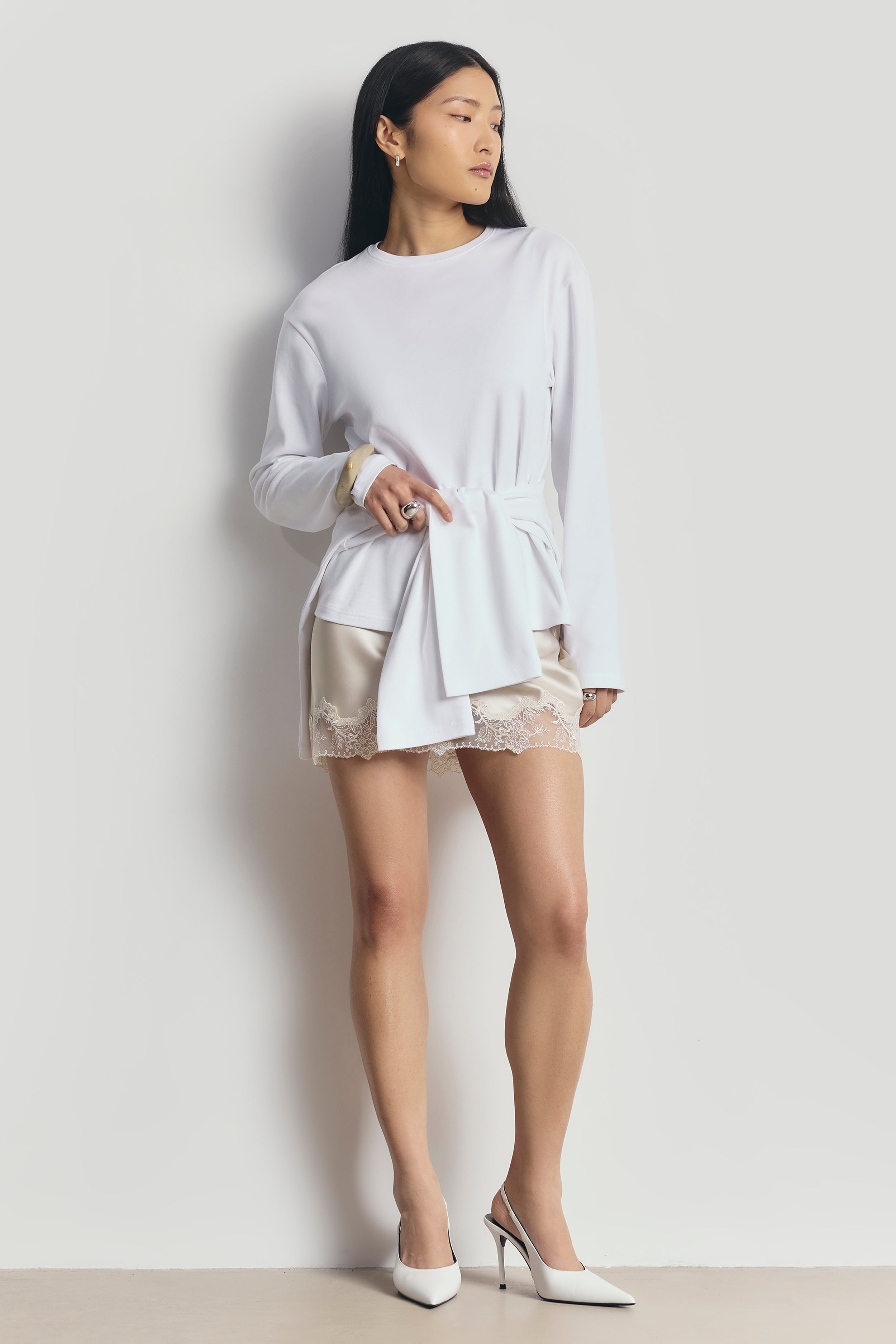 Satin Lace Detail Mini Skirt - Champagne