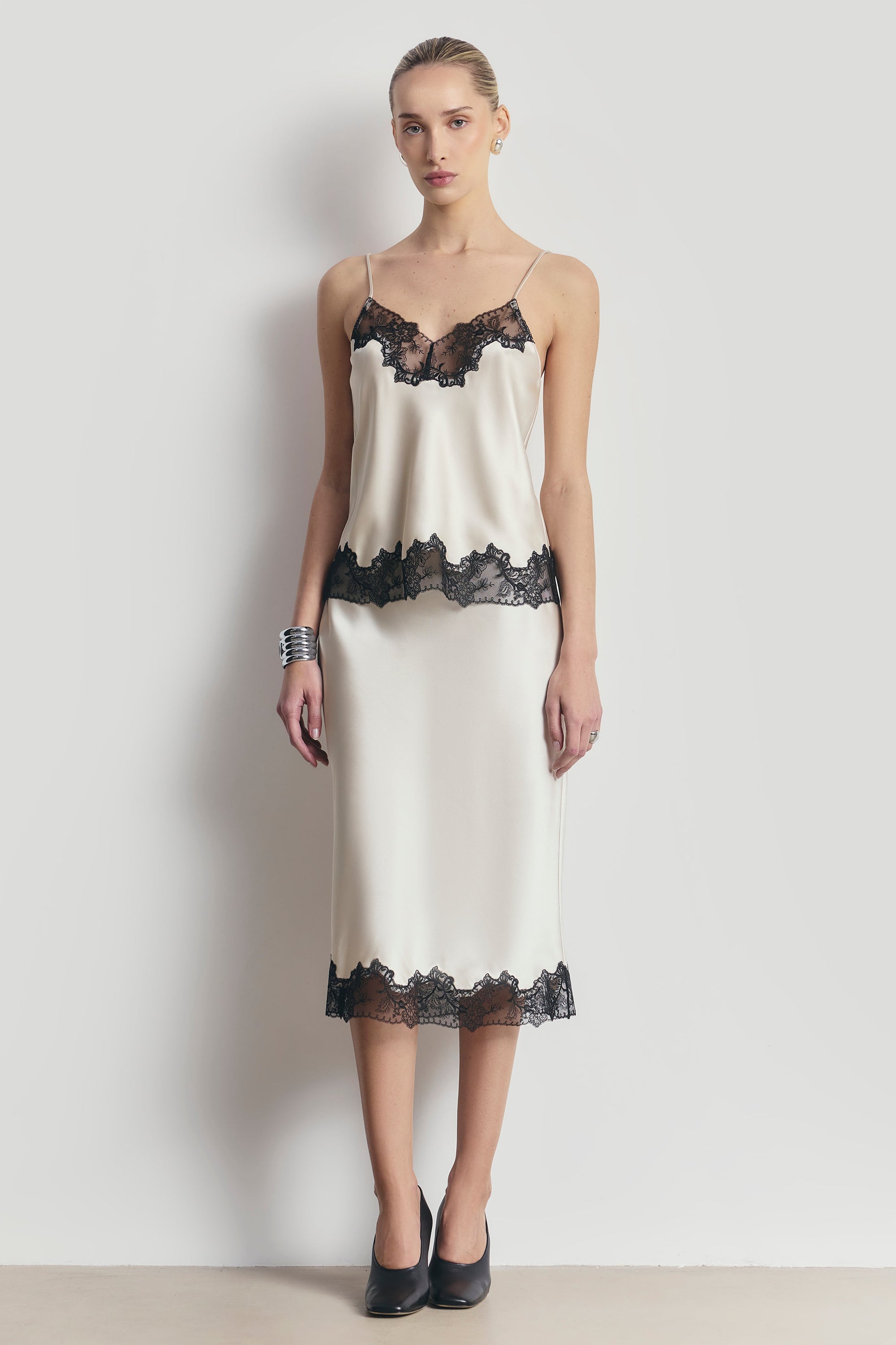 Satin Lace Detail Camisole - Champagne/Black