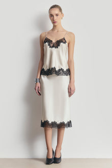 Satin Lace Detail Midi Skirt - Champagne/Black