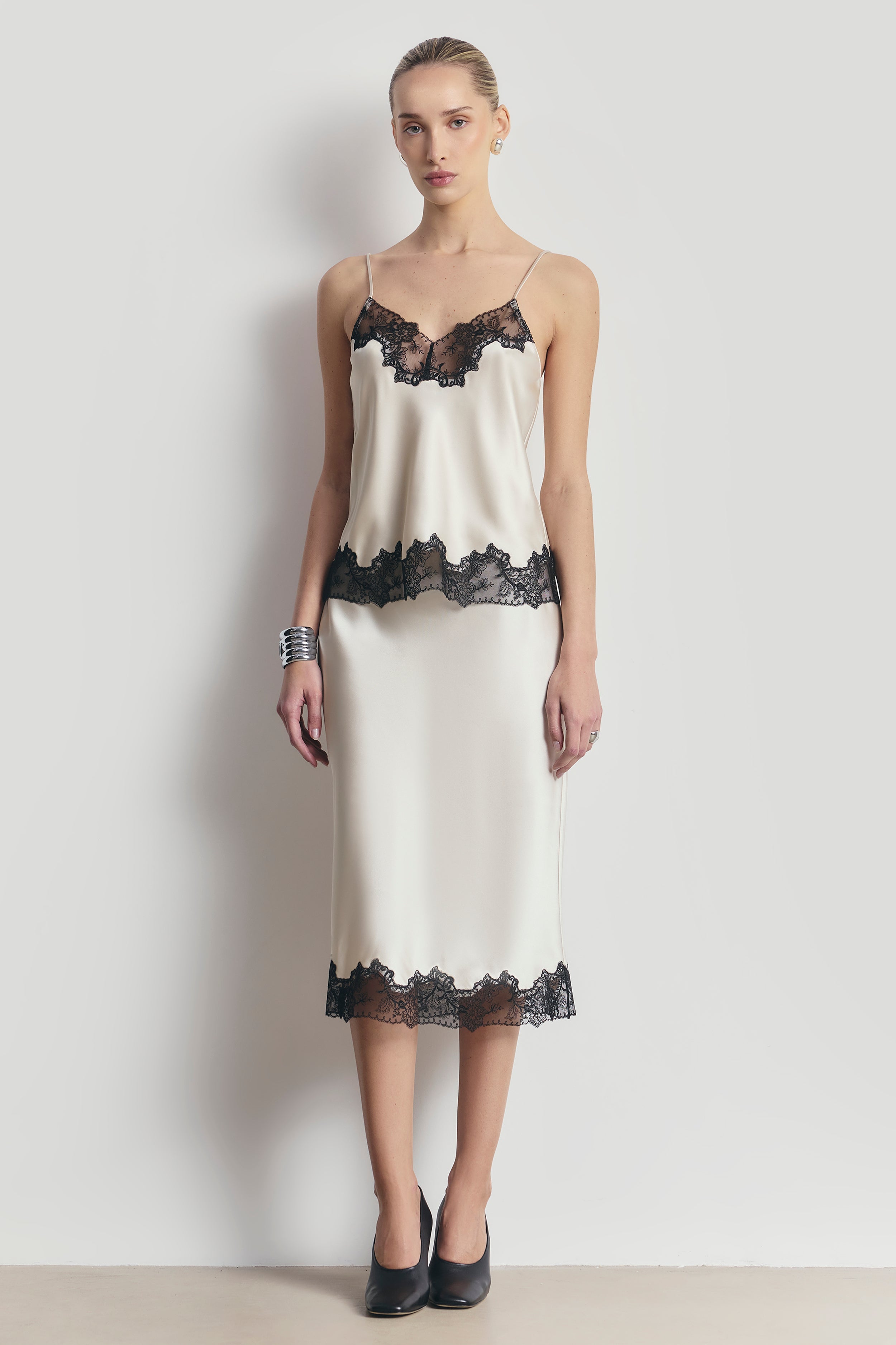 Satin Lace Detail Midi Skirt - Champagne/Black