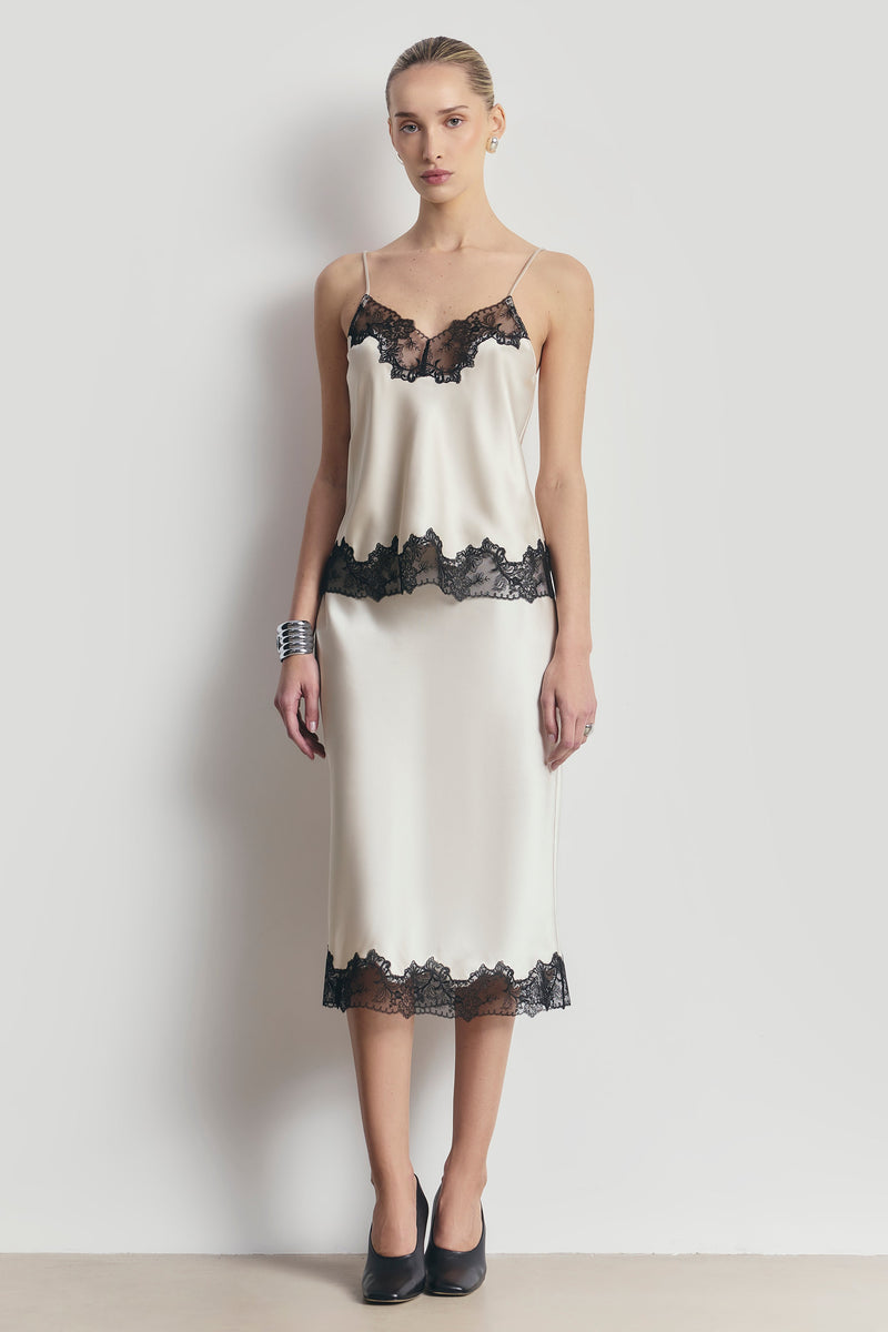 Satin Lace Detail Midi Skirt - Champagne/Black