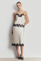 Satin Lace Detail Midi Skirt - Champagne/Black