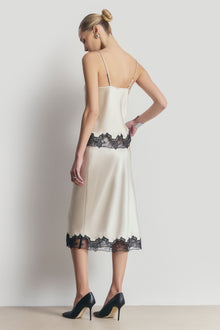 Satin Lace Detail Midi Skirt - Champagne/Black