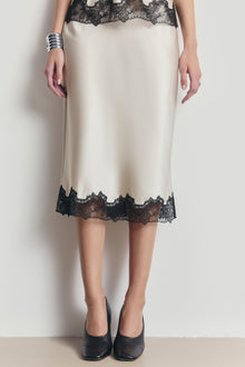 Satin Lace Detail Midi Skirt - Champagne/Black