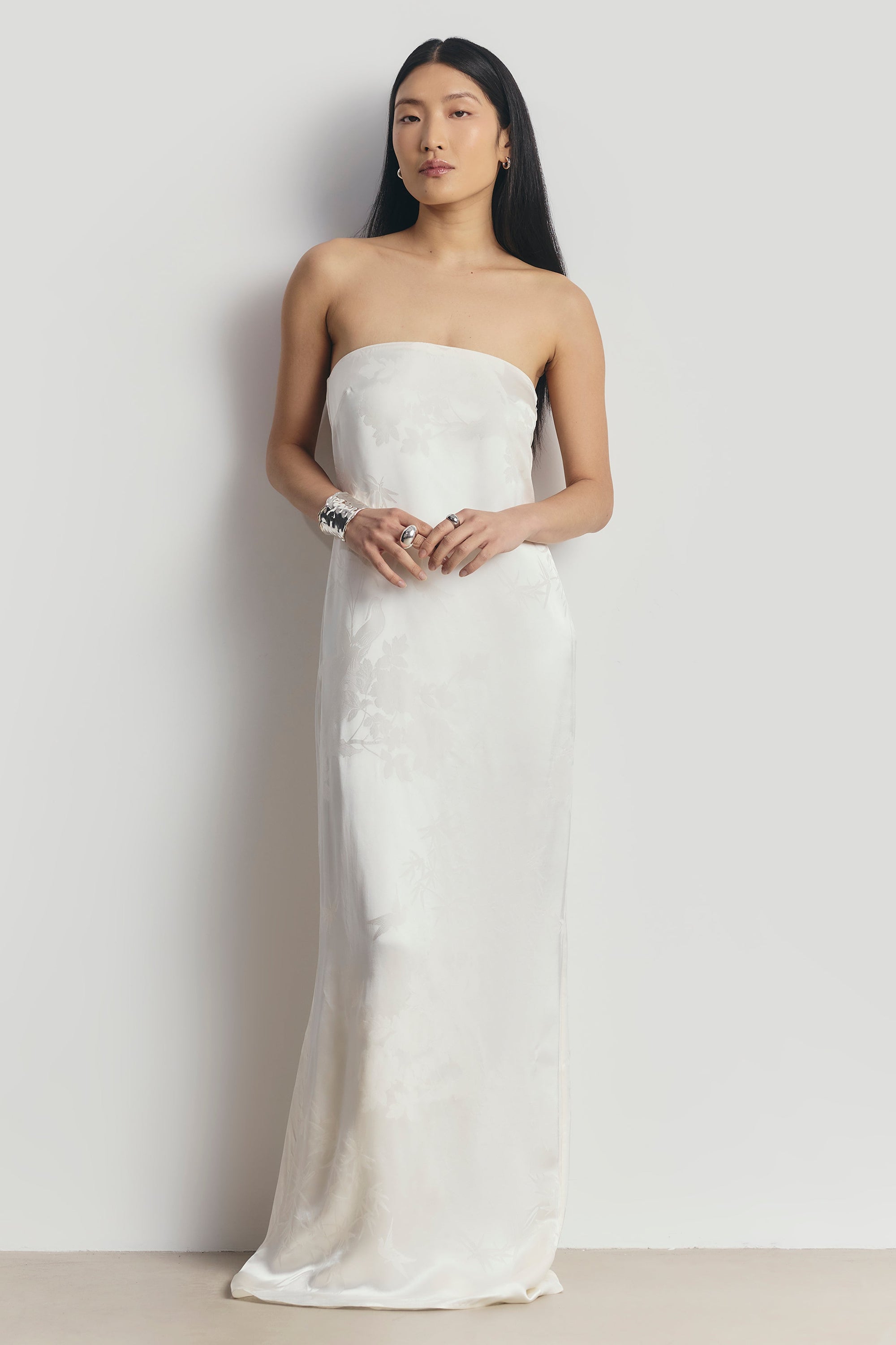 Satin Jacquard Strapless Maxi Dress - Cream
