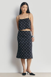 Satin Jacquard Polka Dot Midi Skirt - Black Polka Dot