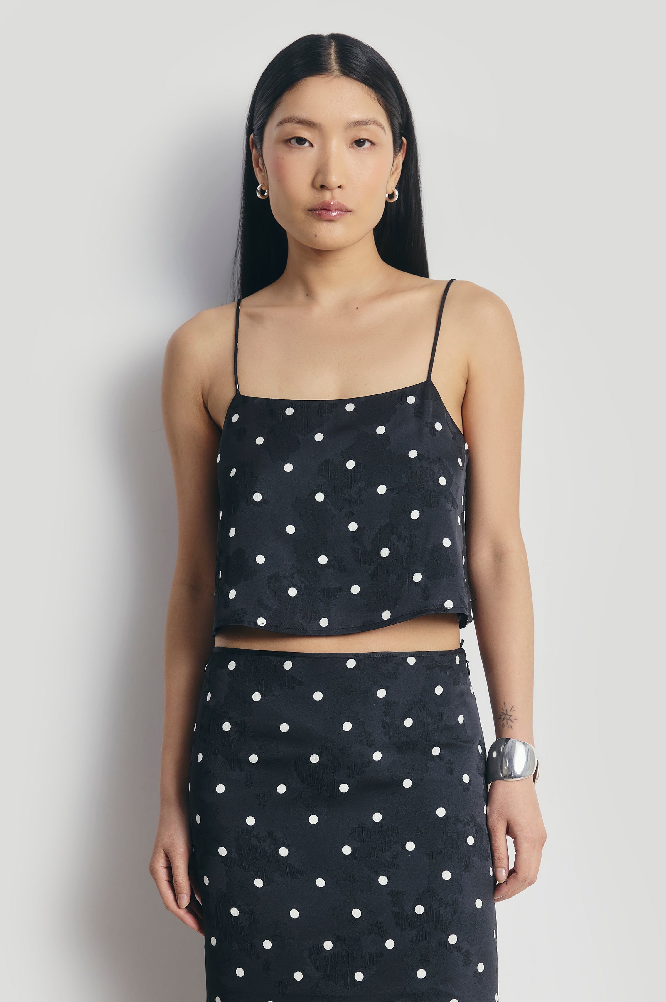 Satin Jacquard Polka Dot Camisole Top - Black Polka Dot