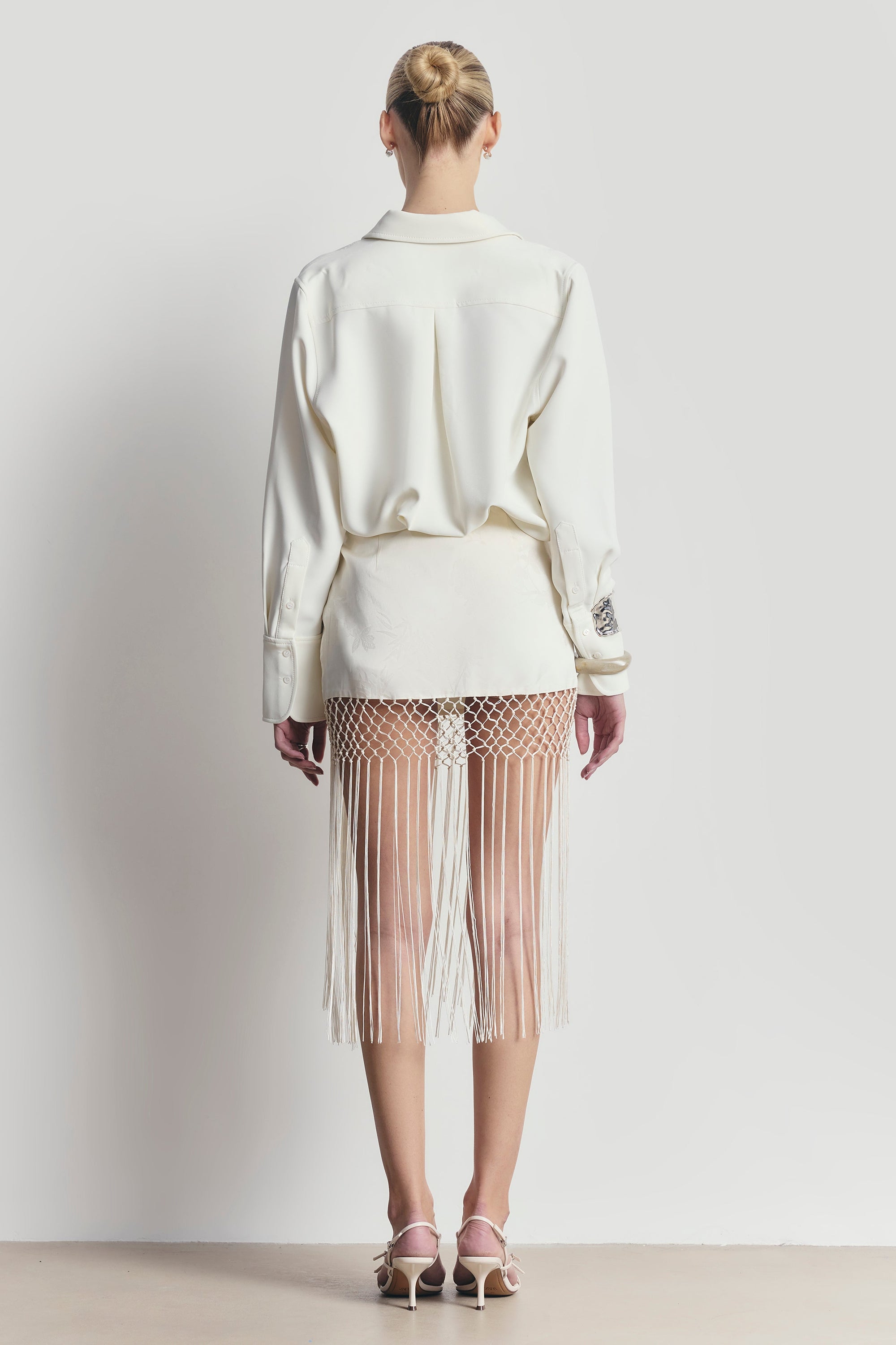 Satin Jacquard Sarong Midi Skirt with Fringing - Cream