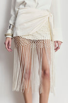 Satin Jacquard Sarong Midi Skirt with Fringing - Cream