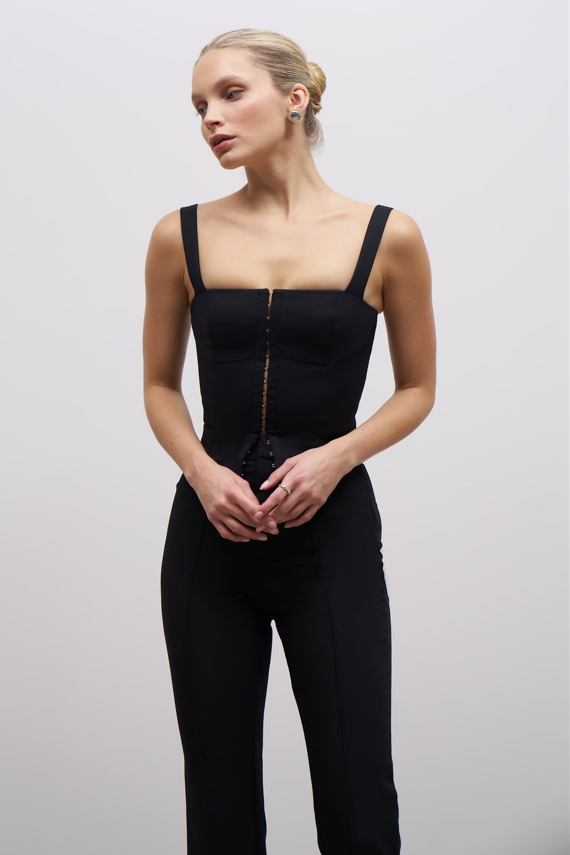 Square Neck Hook & Eye Corset - Black