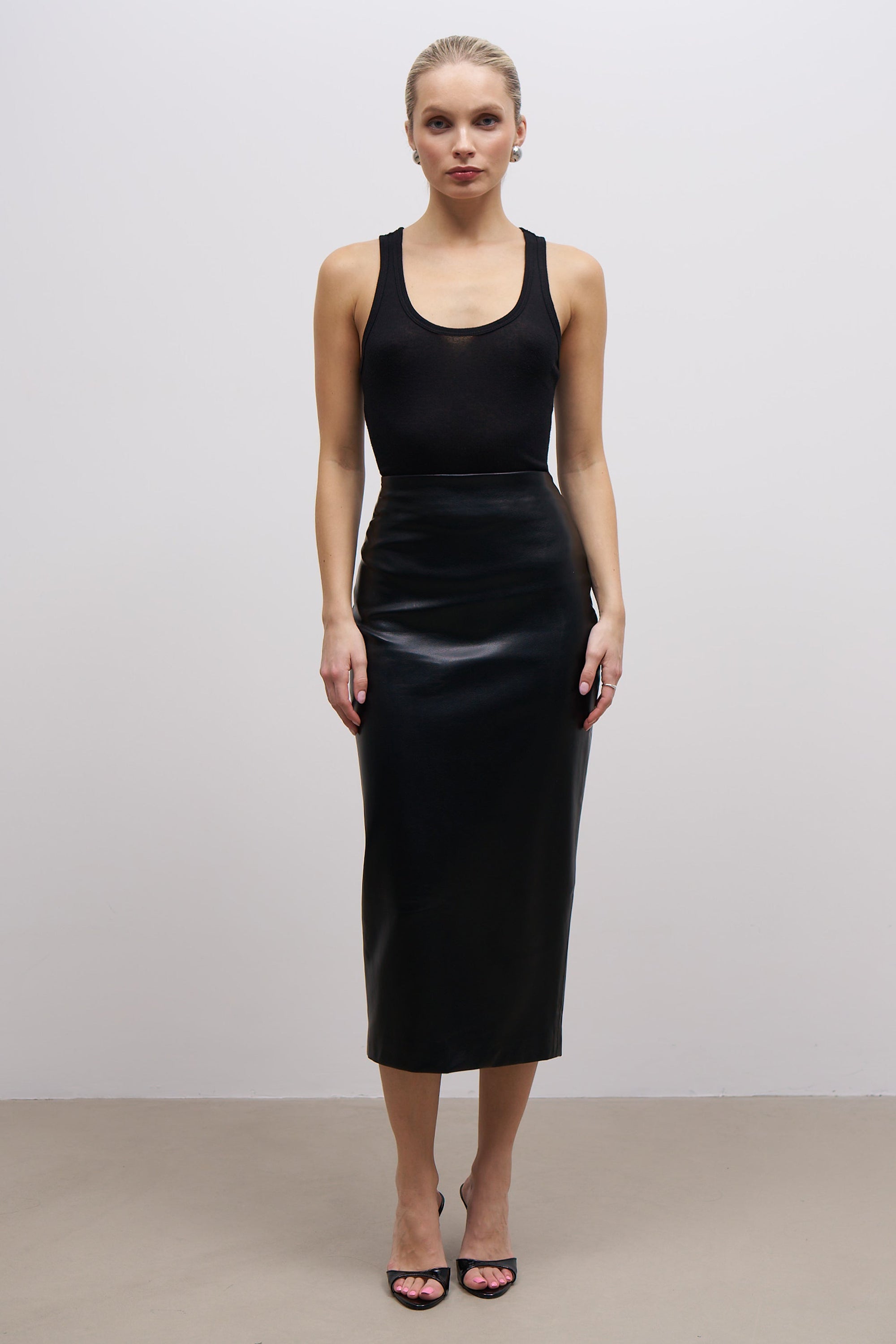 Leather Pencil Midi Skirt - Black