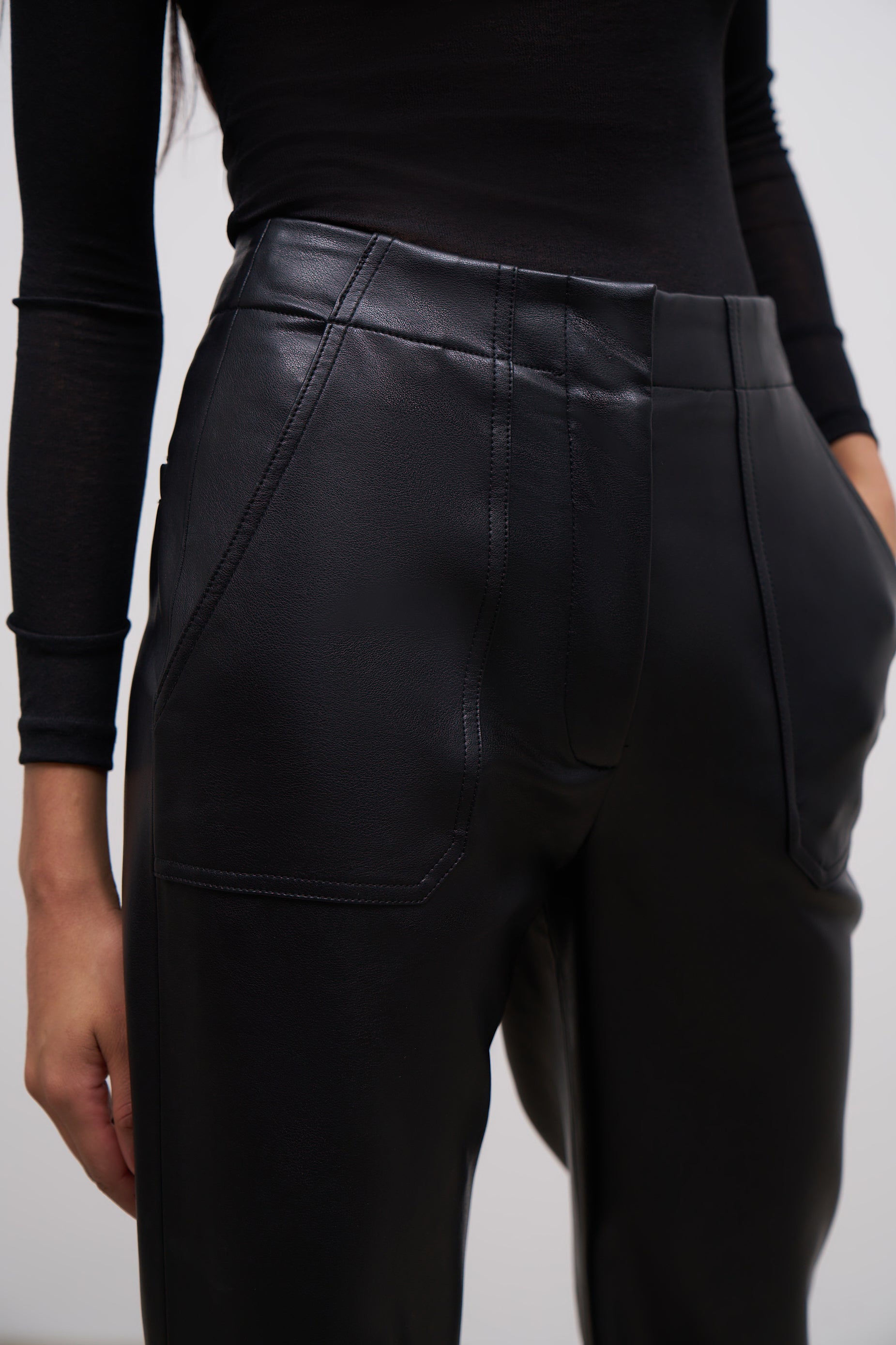 Leather Pocket Detail Trousers - Black