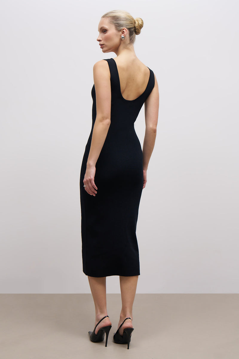 Scoop Neck Knit Midi Dress - Black