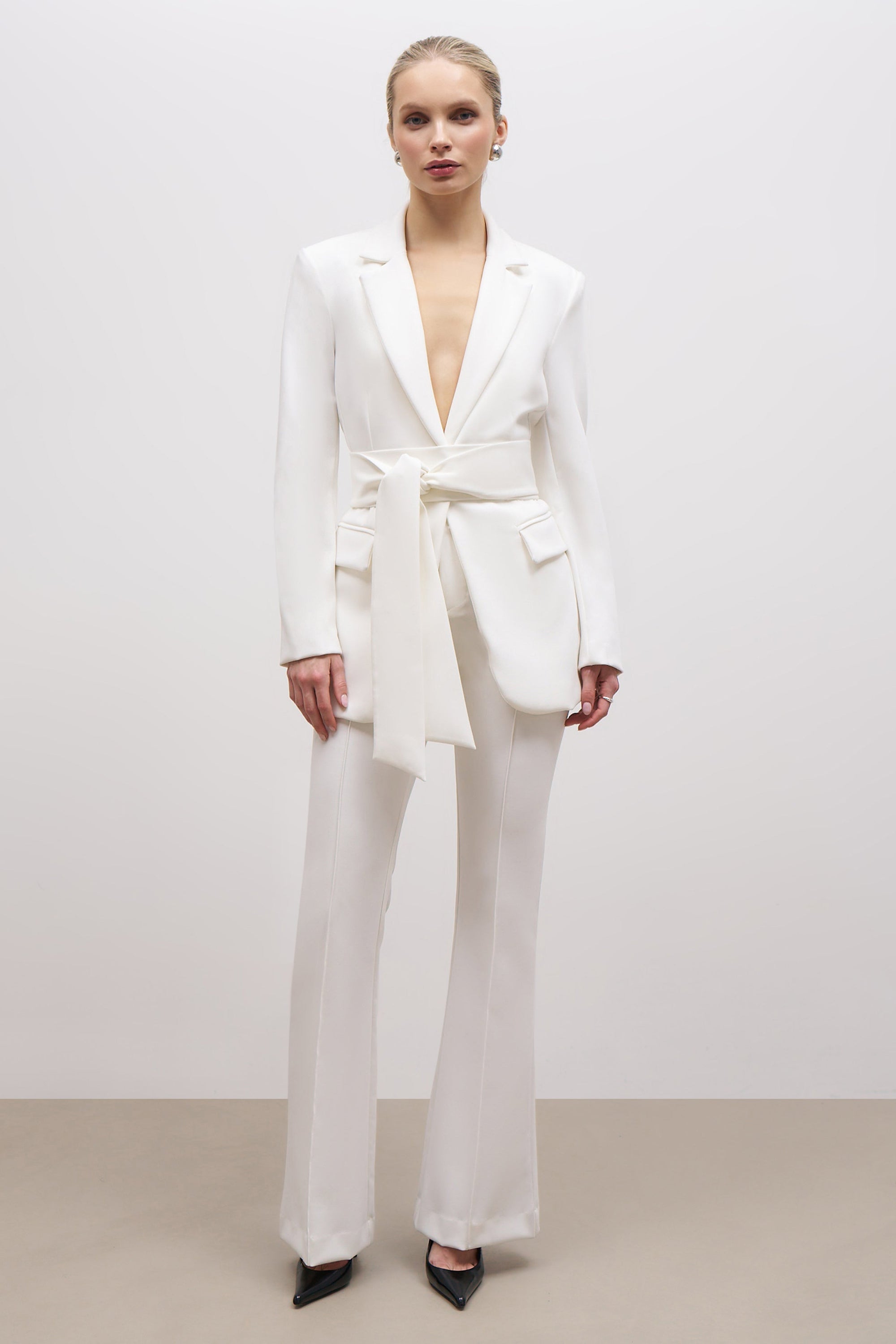 Classic Blazer With Belt - White