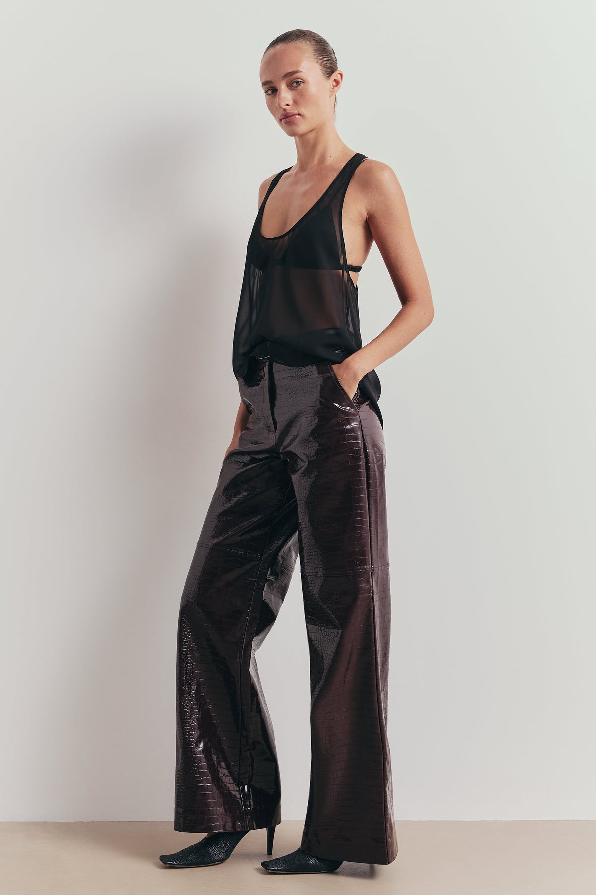 Croc Embossed Leather Wide Leg Trousers - Oxblood