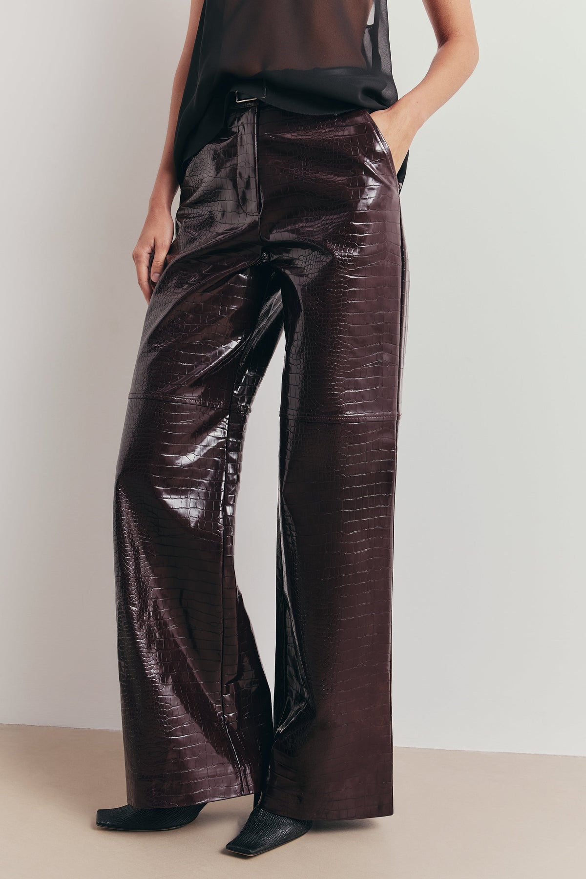 Croc Embossed Leather Wide Leg Trousers - Oxblood
