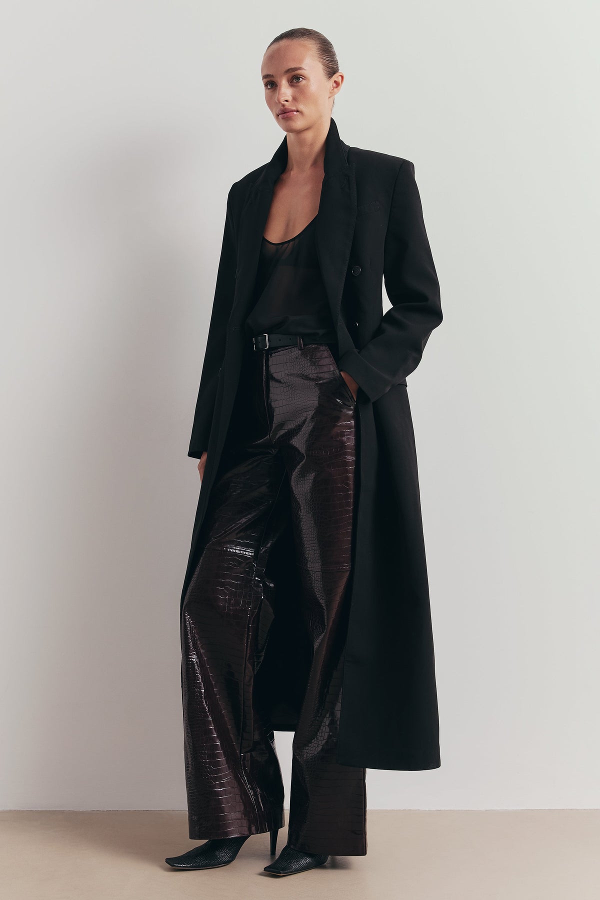 Croc Embossed Leather Wide Leg Trousers - Oxblood