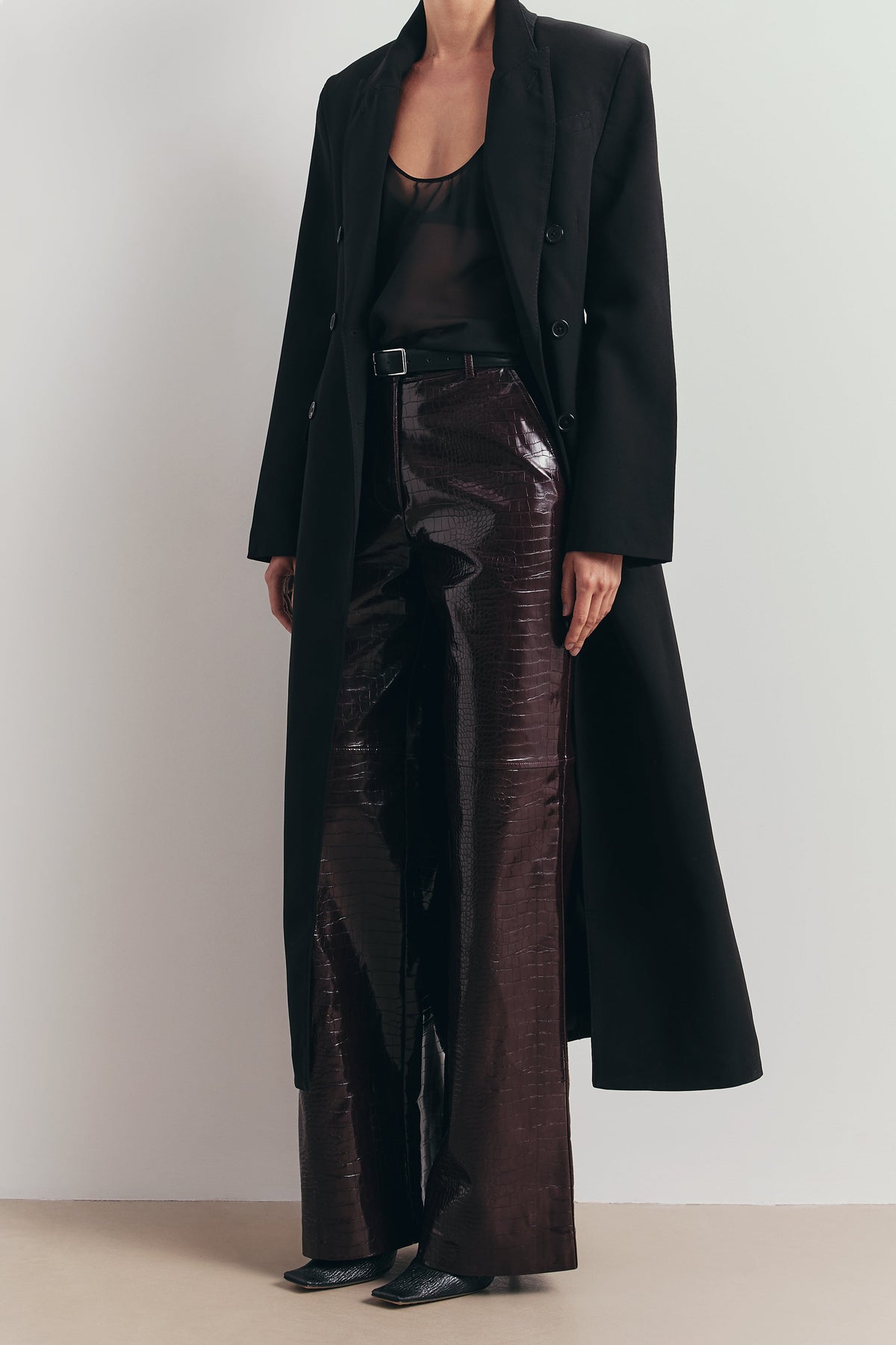 Croc Embossed Leather Wide Leg Trousers - Oxblood