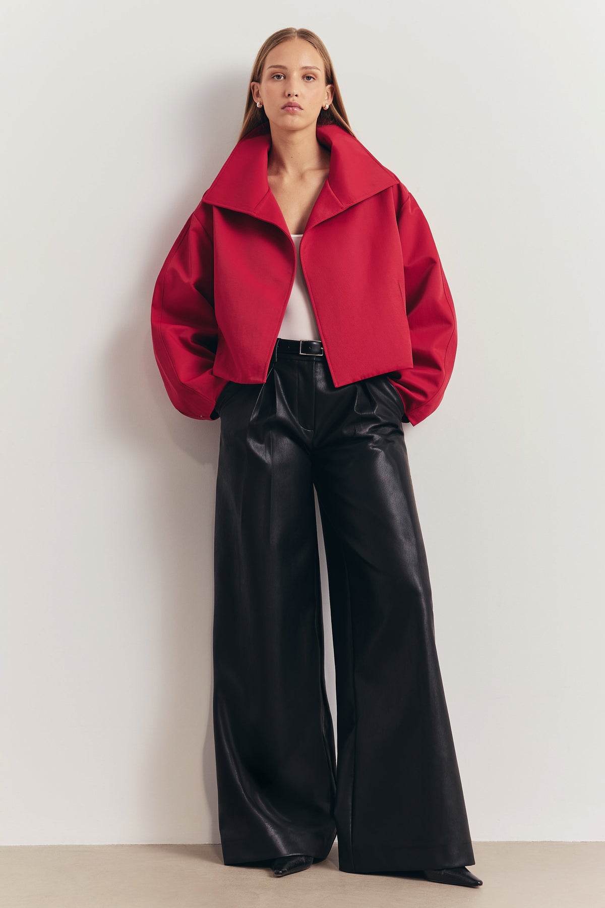 Cropped Funnel Neck Open Jacket - Scarlet