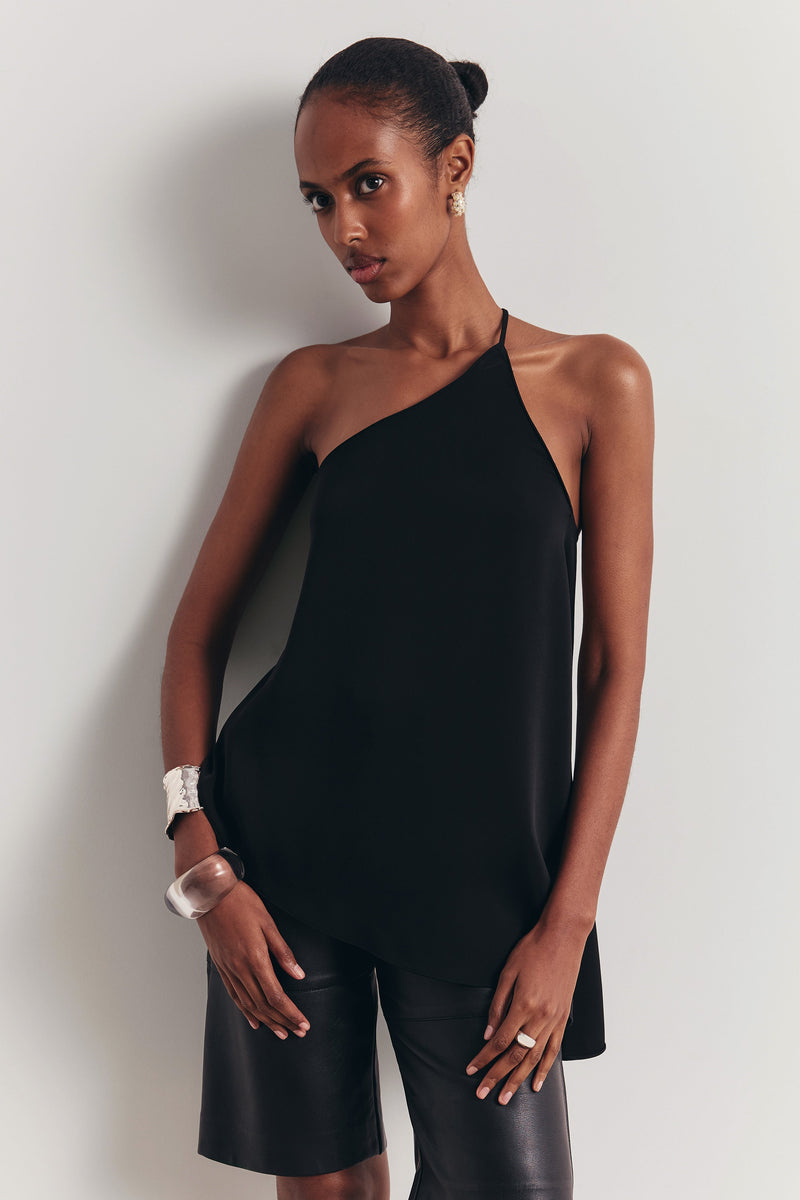 Flowing Asymmetric Open Back Top - Black