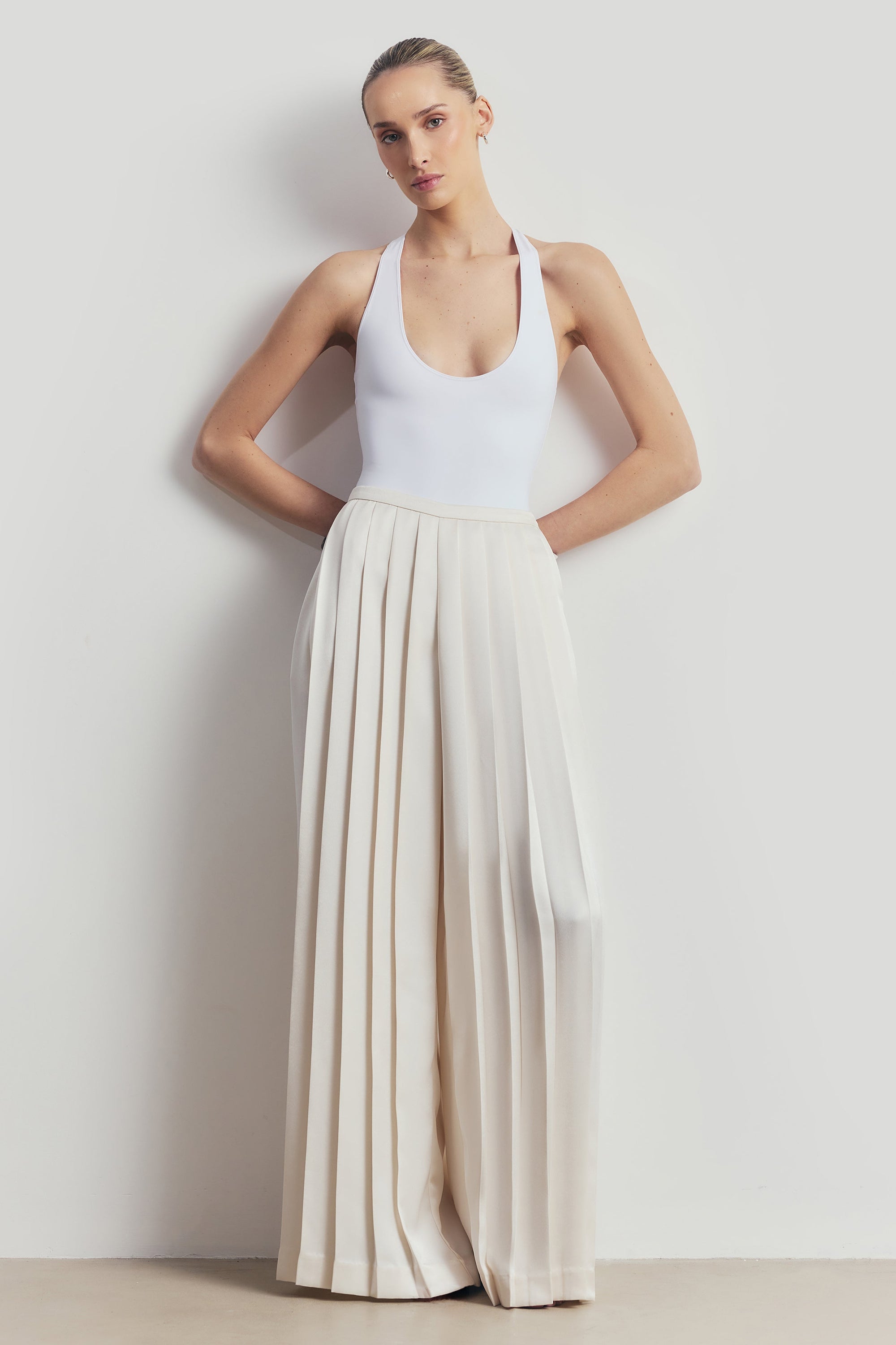 Pleated Satin Palazzo Trousers - Cream