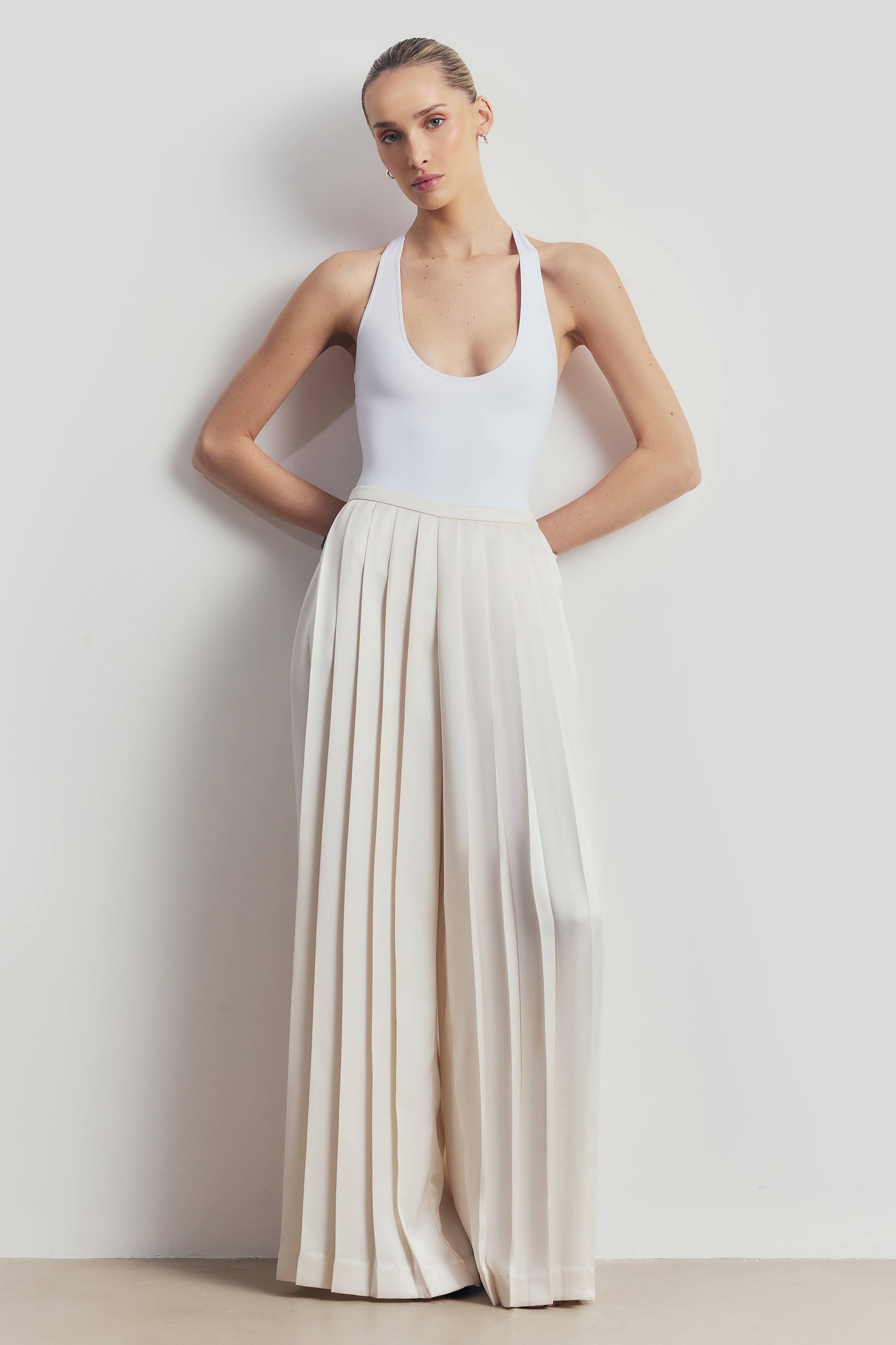 Pleated Satin Palazzo Trousers - Cream