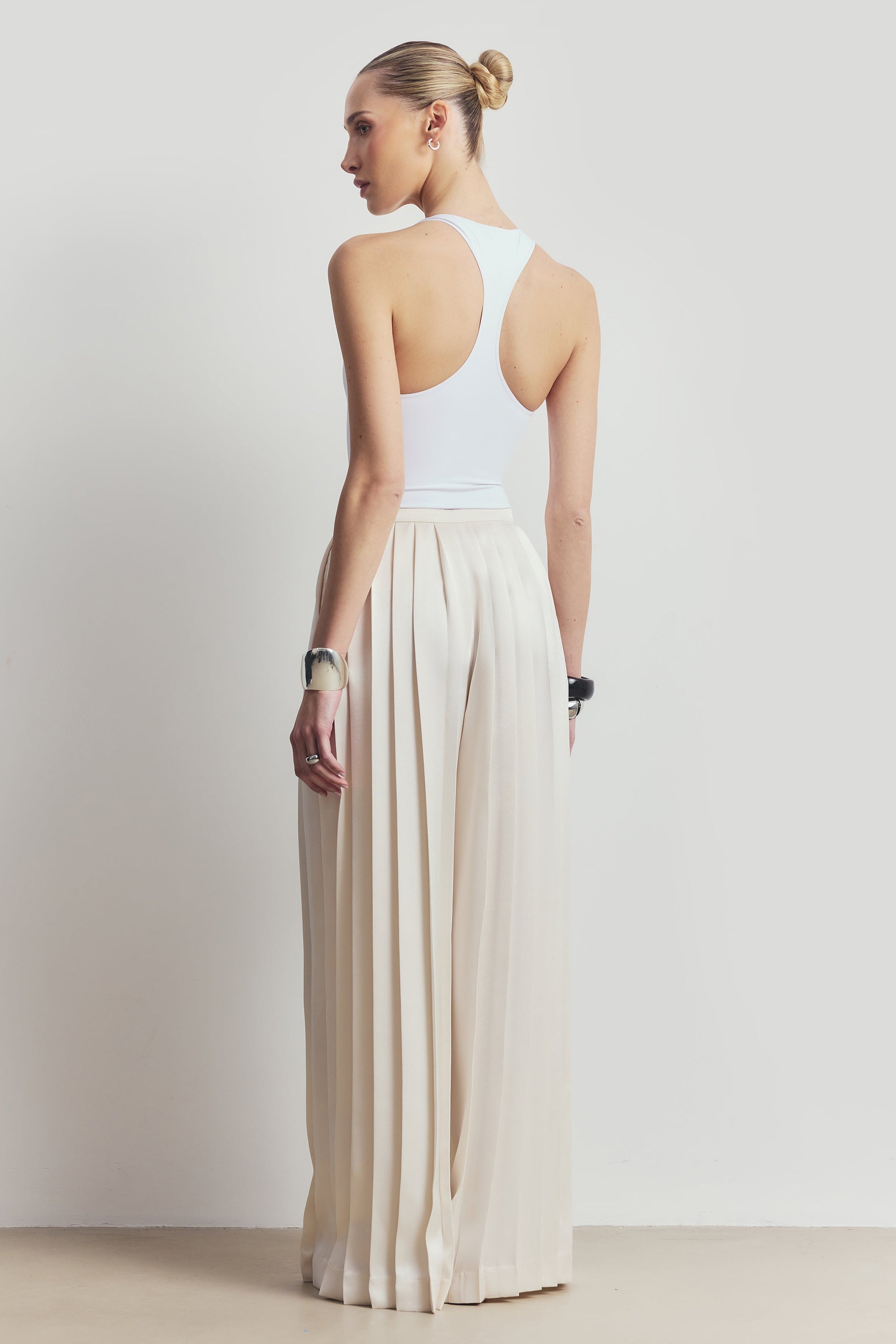 Pleated Satin Palazzo Trousers - Cream