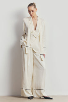 Pleated Jacquard Wide Leg Trousers - Cream