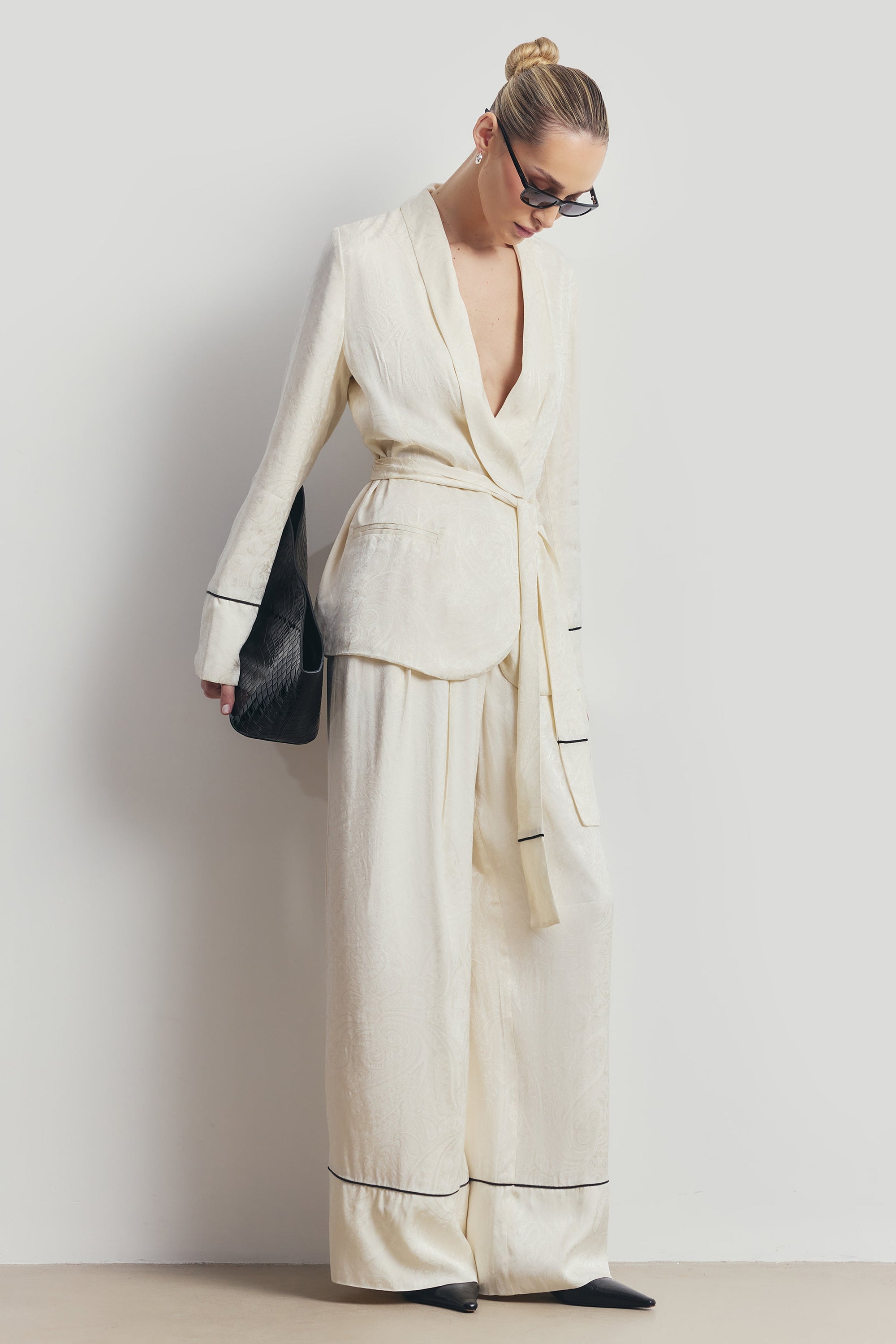 Pleated Jacquard Wide Leg Trousers - Cream