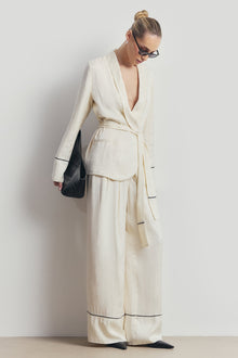 Pleated Jacquard Wide Leg Trousers - Cream