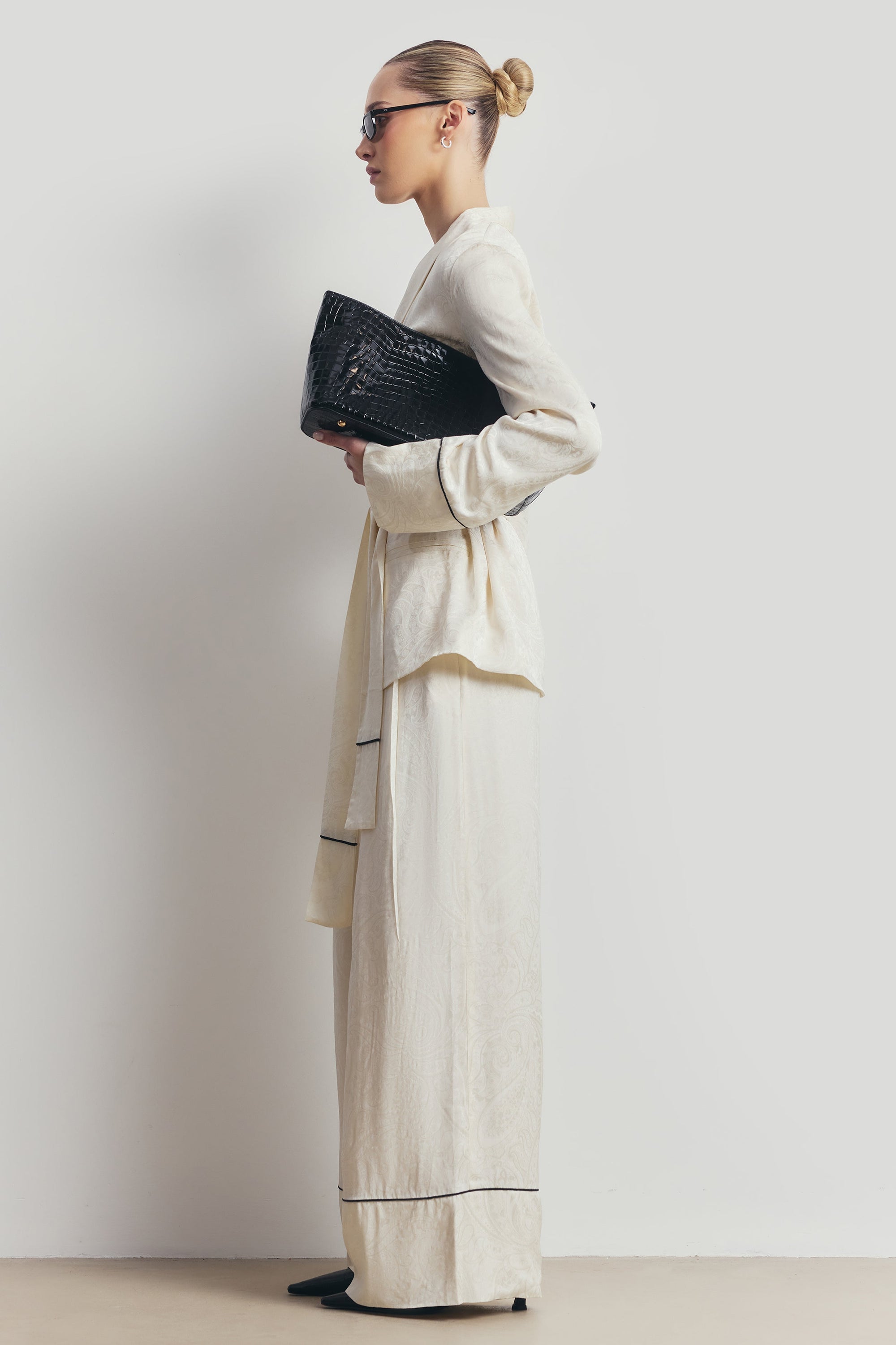 Pleated Jacquard Wide Leg Trousers - Cream