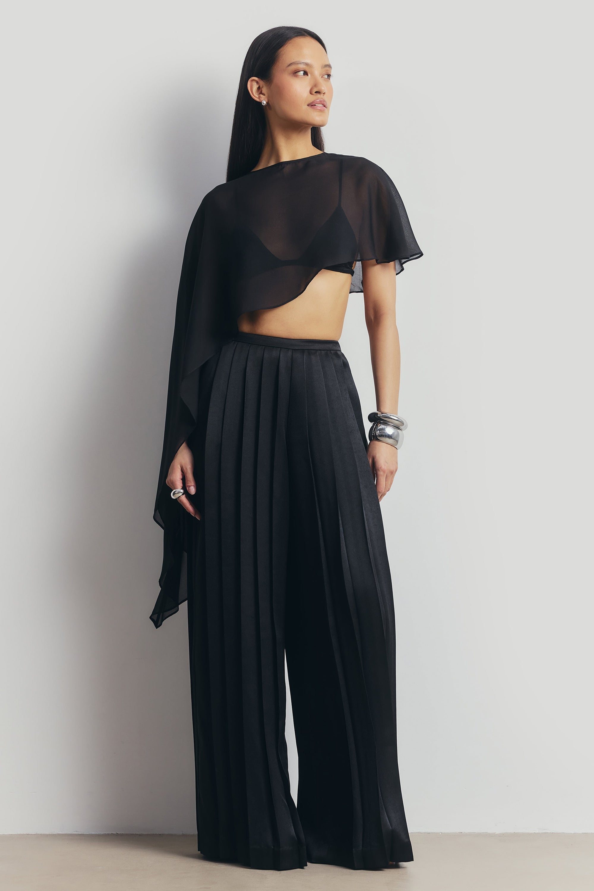 Pleated Satin Palazzo Trousers - Black