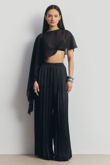 Pleated Satin Palazzo Trousers - Black
