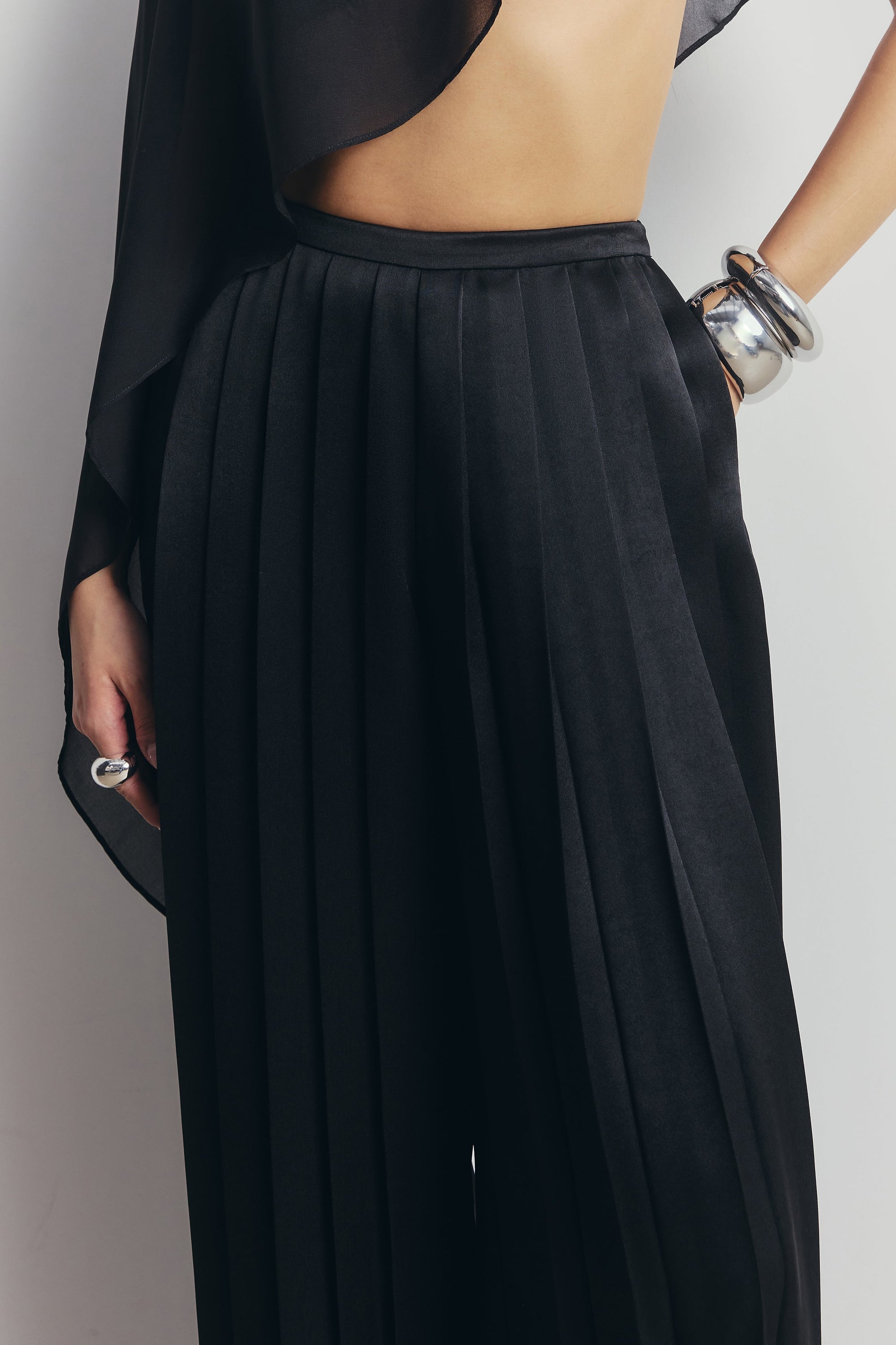 Pleated Satin Palazzo Trousers - Black