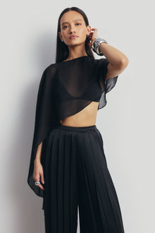 Pleated Satin Palazzo Trousers - Black