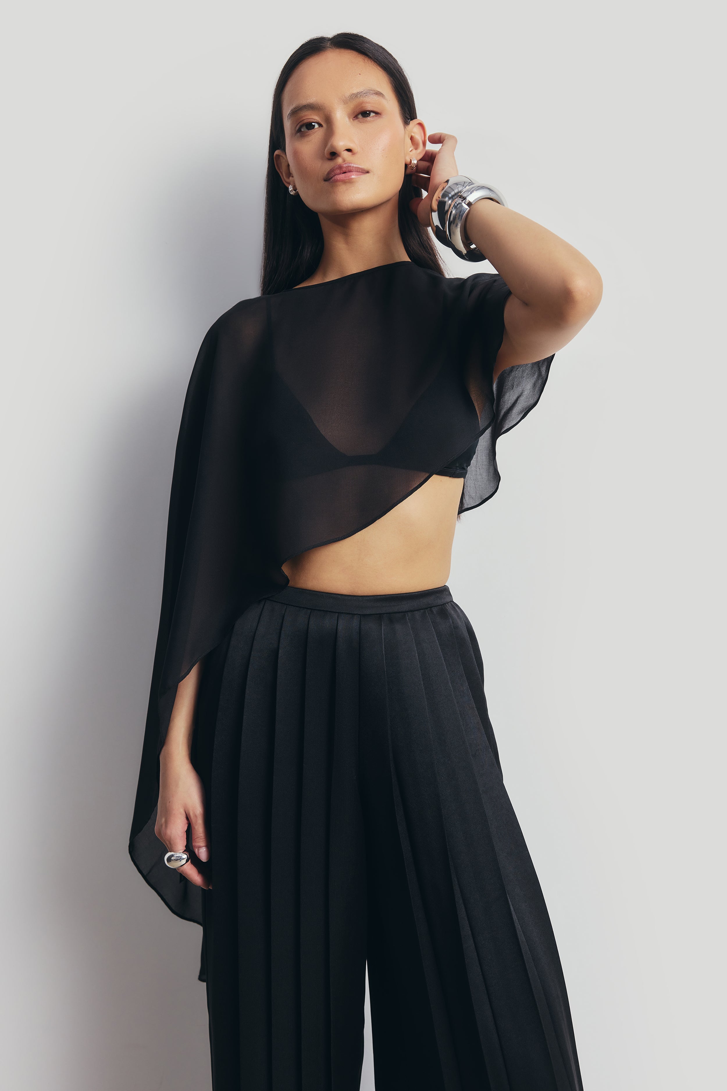 Pleated Satin Palazzo Trousers - Black