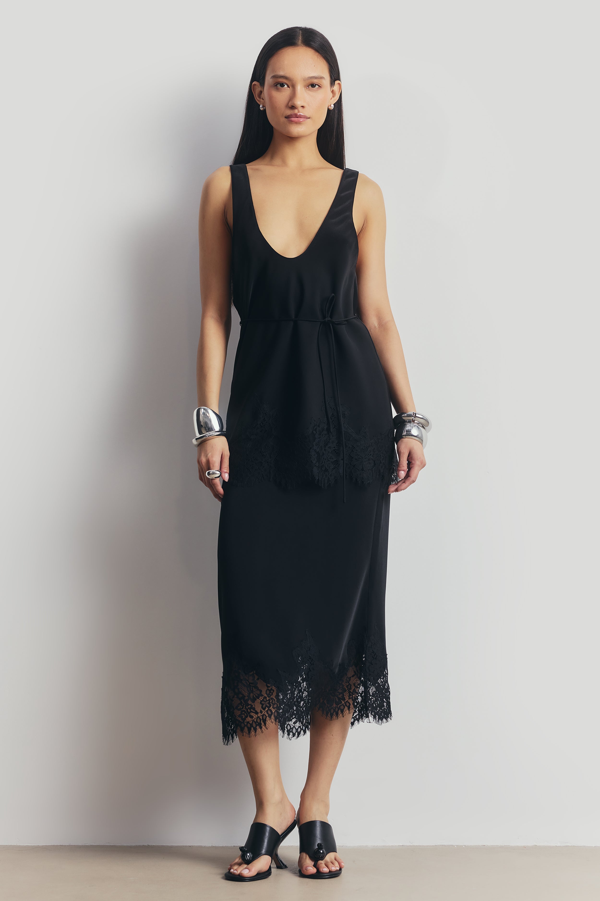 Lace Hem Column Maxi Skirt - Black