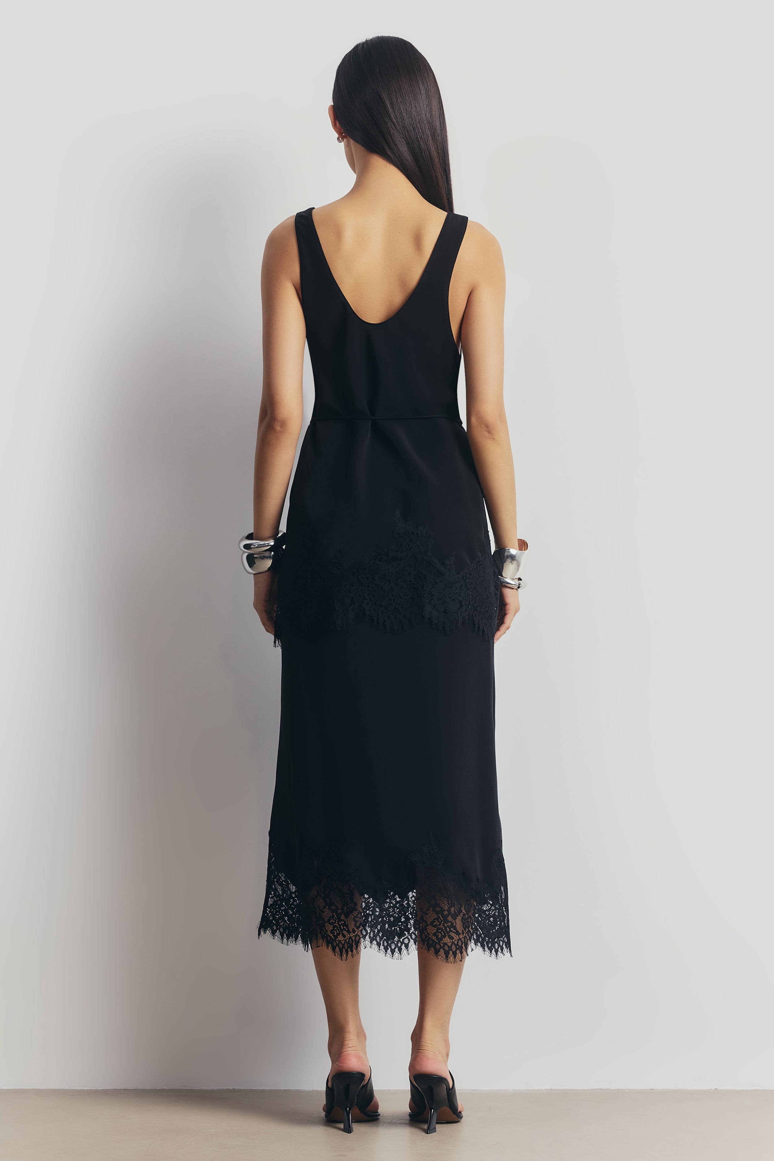 Lace Hem Column Maxi Skirt - Black