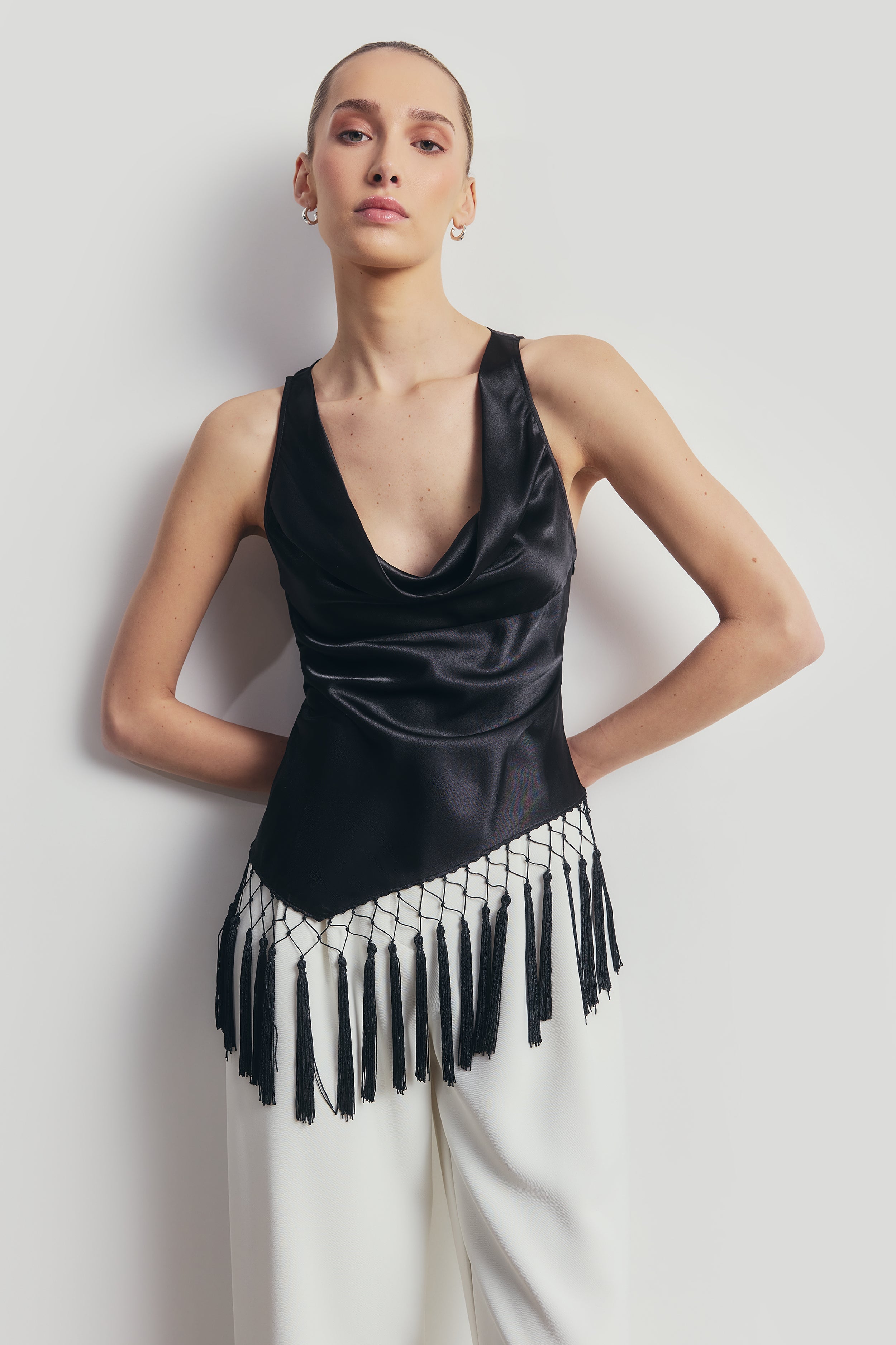 Satin Cowl Neck Tassel Hem Top - Black