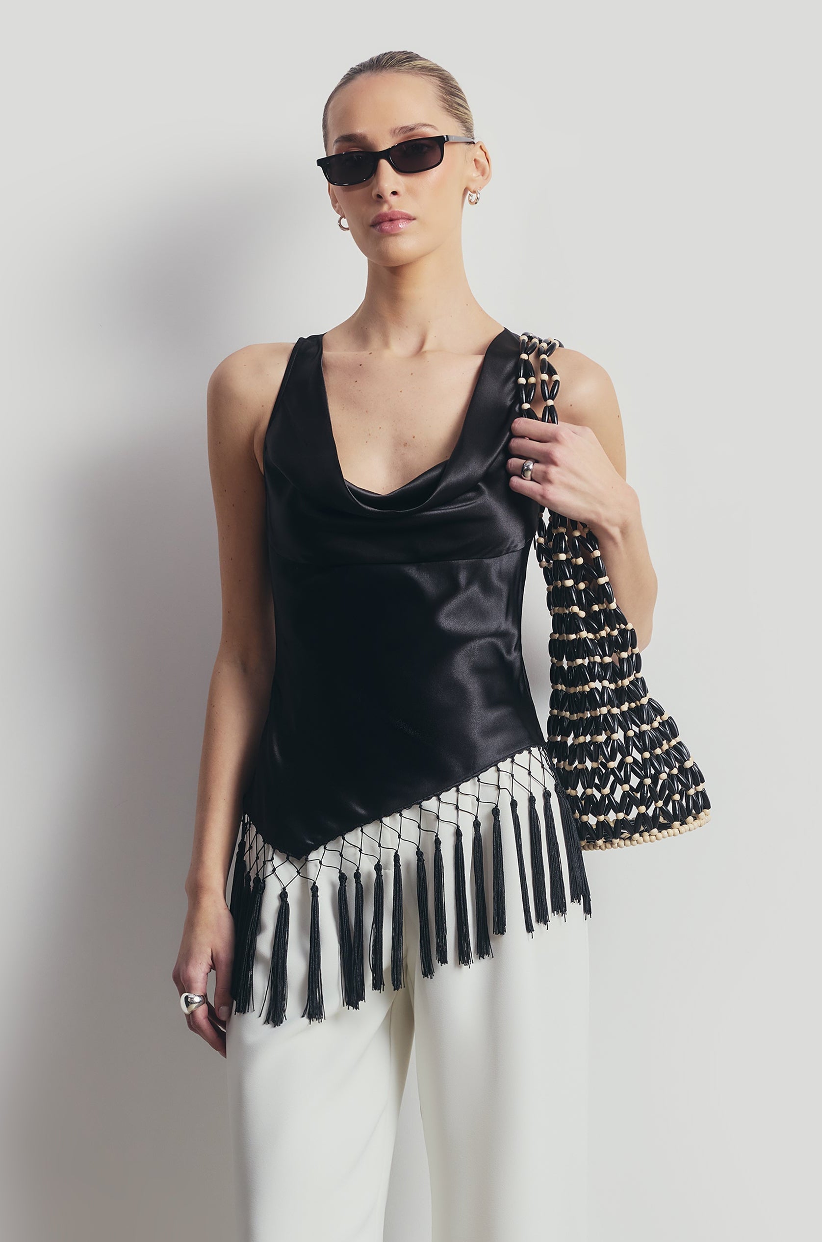 Satin Cowl Neck Tassel Hem Top - Black