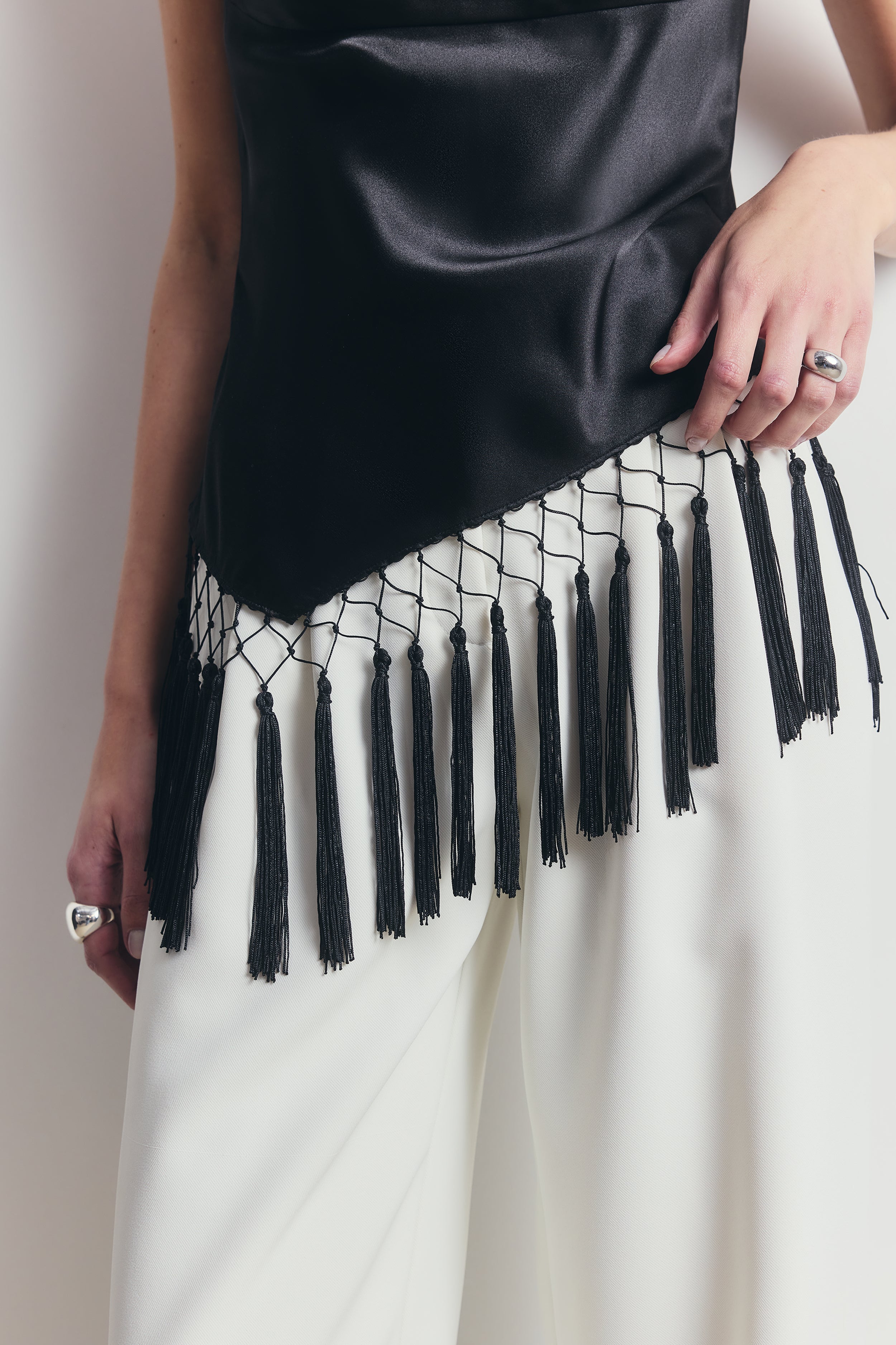 Satin Cowl Neck Tassel Hem Top - Black