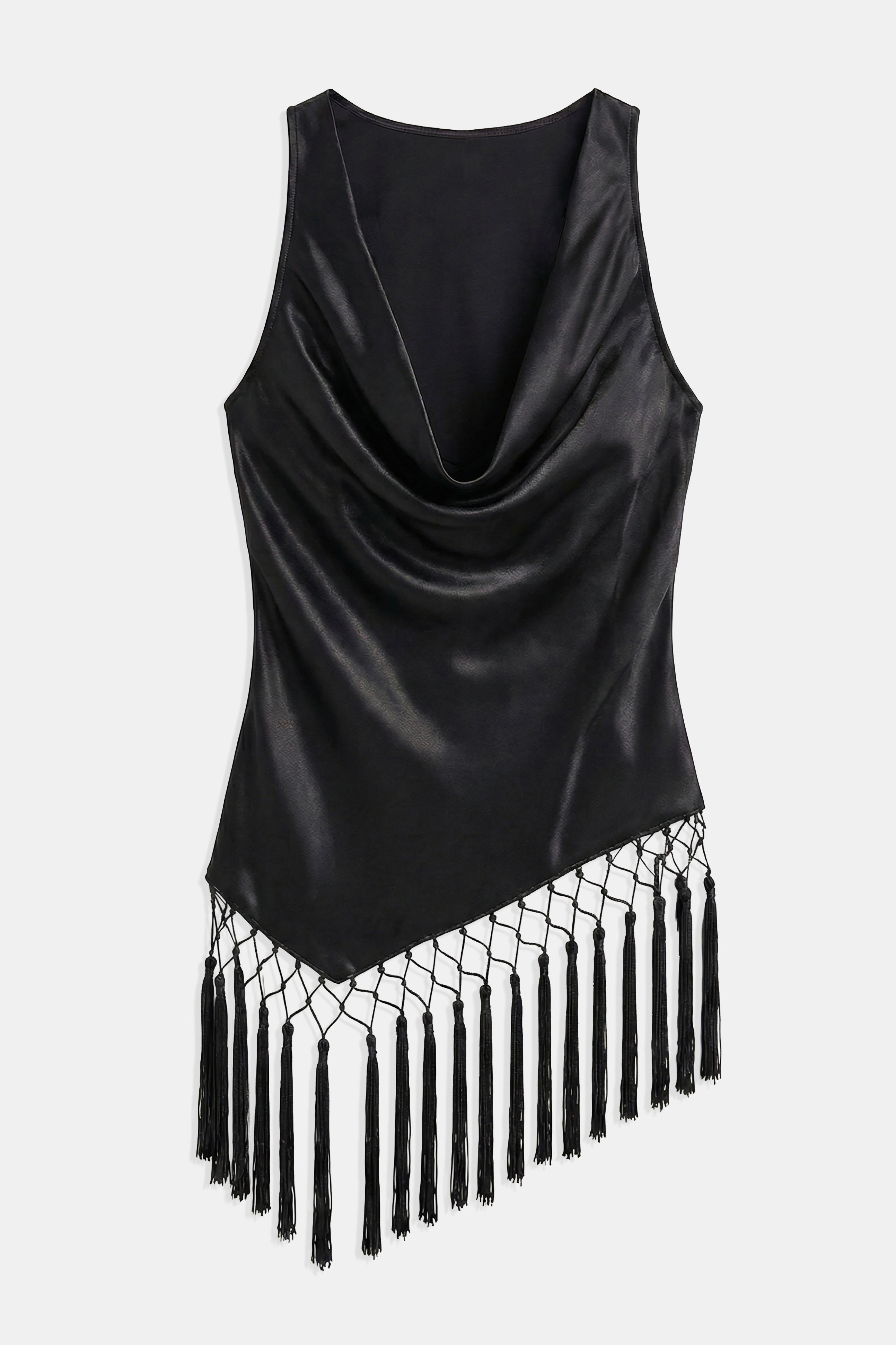 Satin Cowl Neck Tassel Hem Top - Black