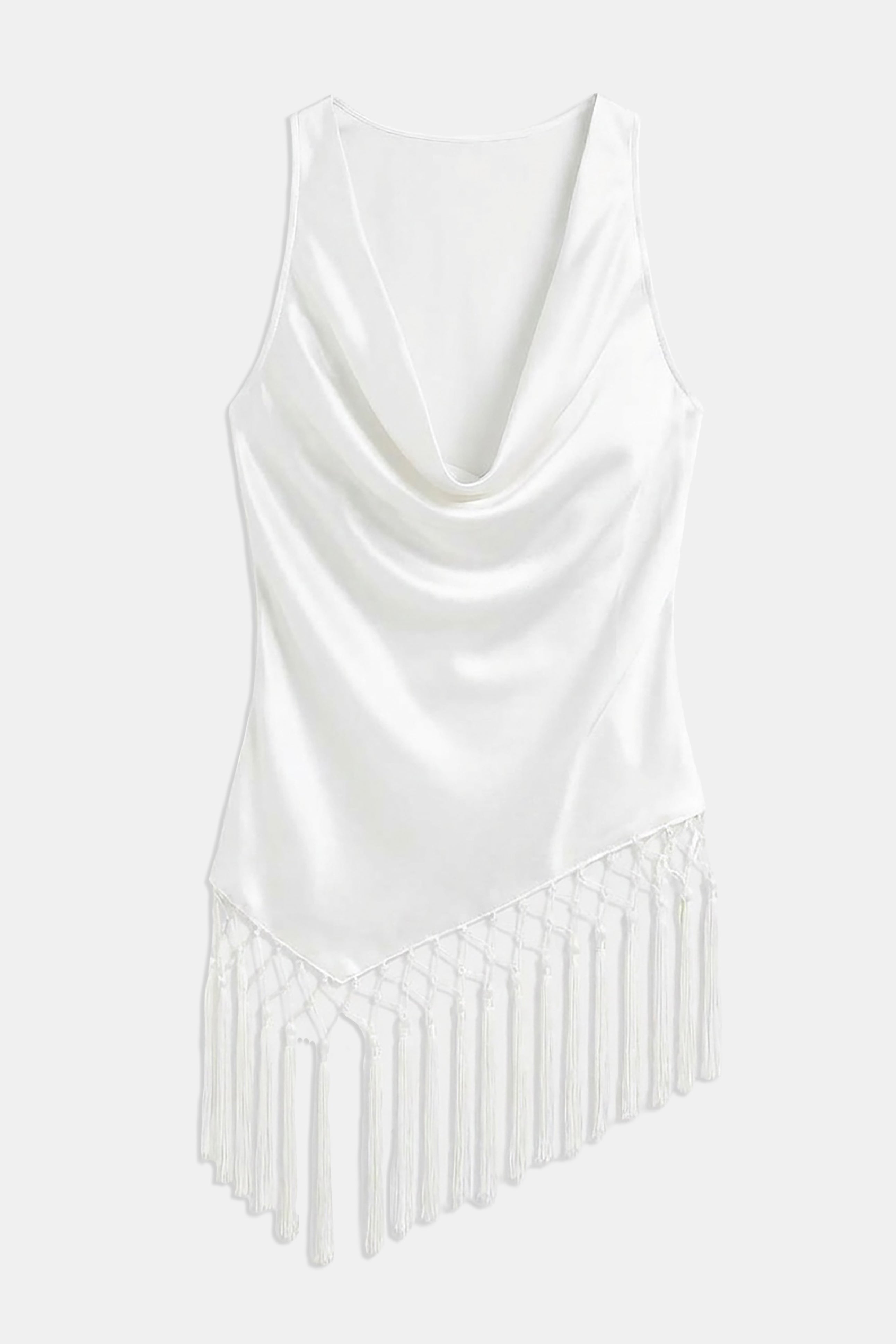 Satin Cowl Neck Tassel Hem Top - Cream