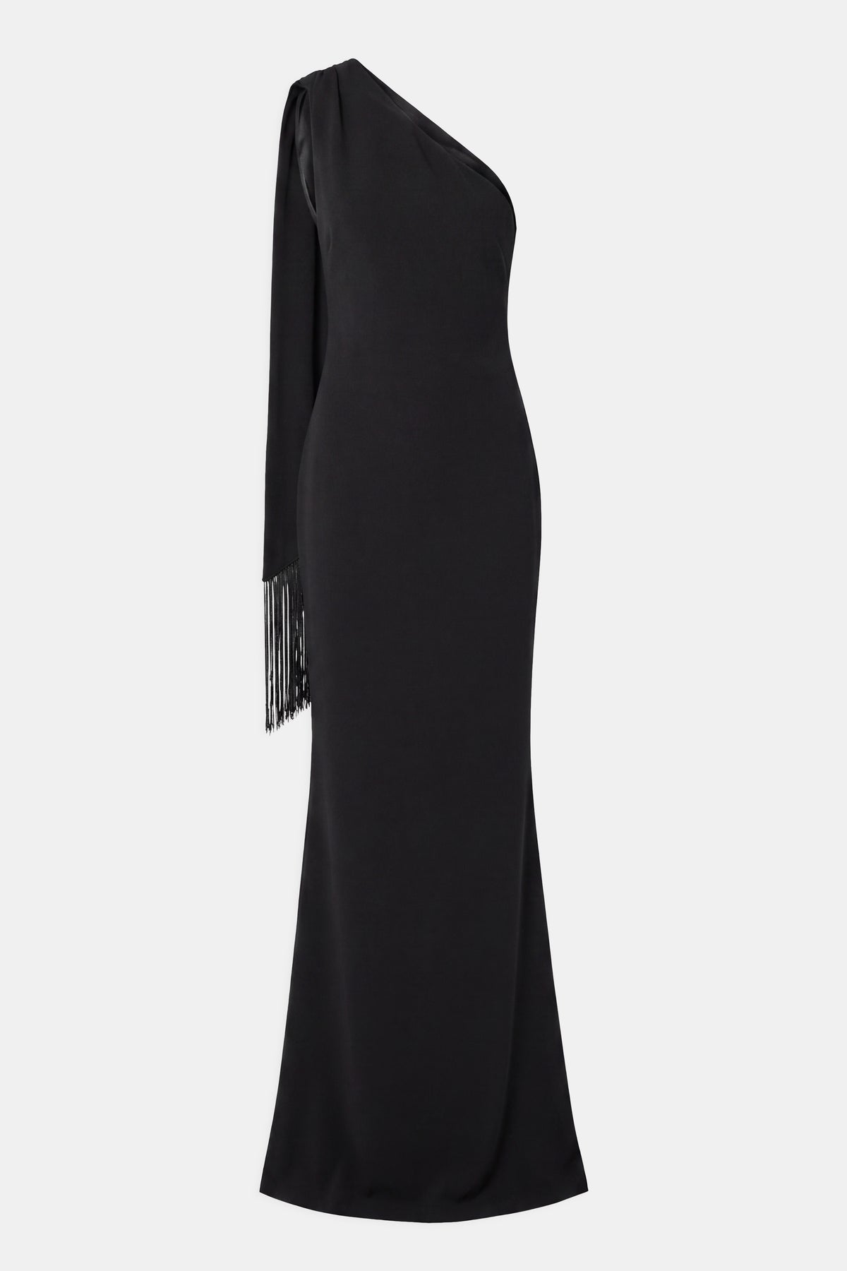 Asymmetric Scarf Gown With Fringing - Black