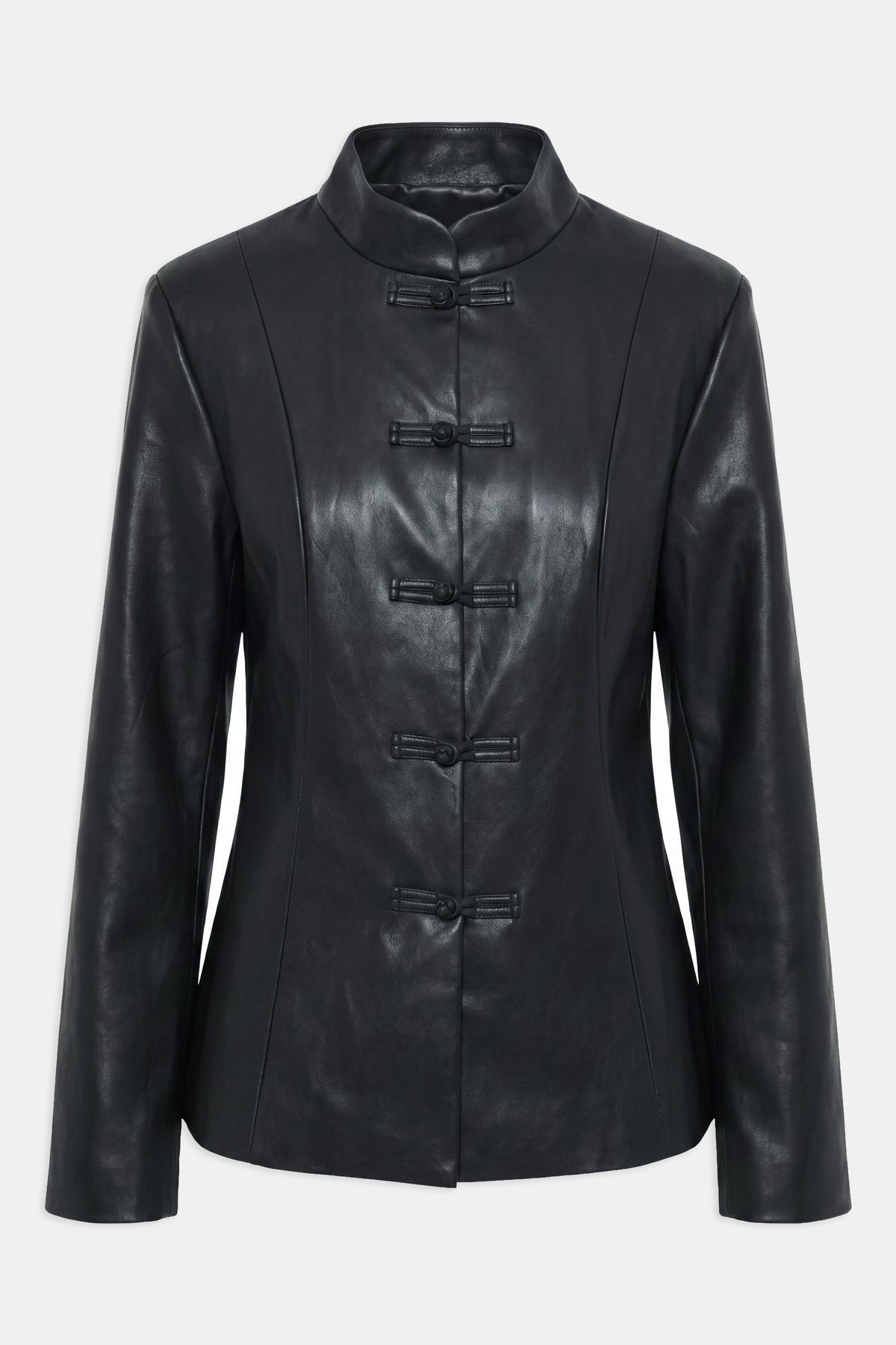 Leather Mandarin Collar Jacket - Black