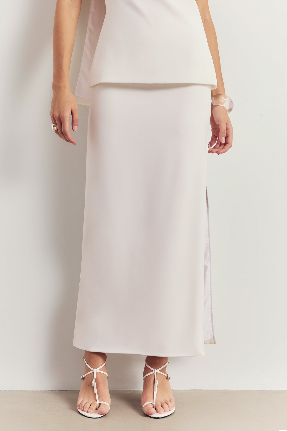 Clean Cut Column Maxi Skirt with Slit - White